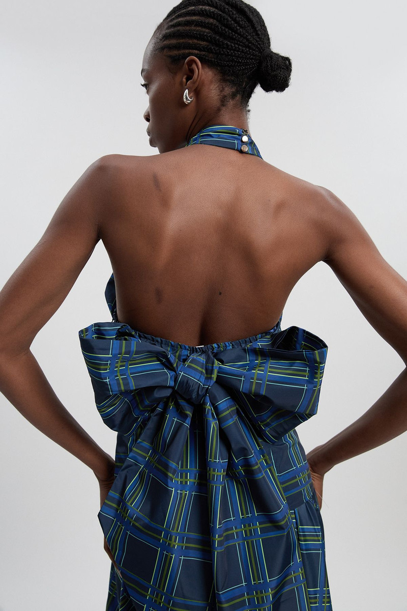 Check Taffeta Cross Front Halter Neck Blouse With Bow Detail 1