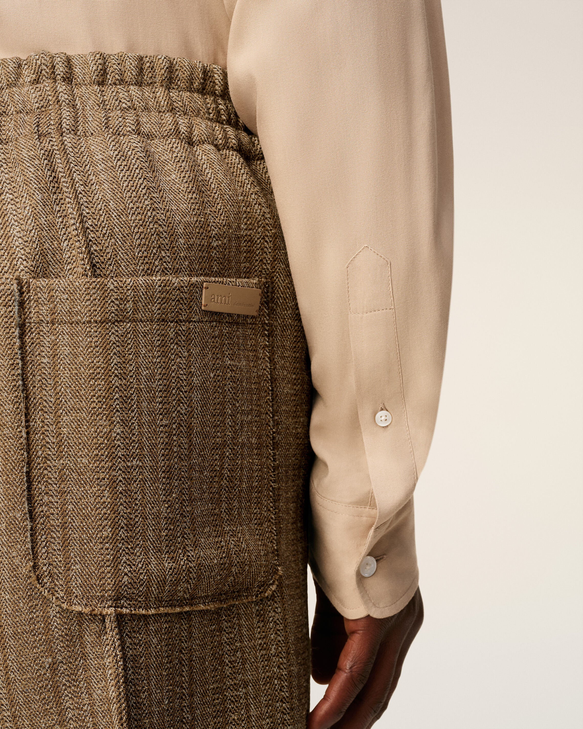 BROWN WOOL HERRINGBONE ELASTICATED TROUSERS - 5