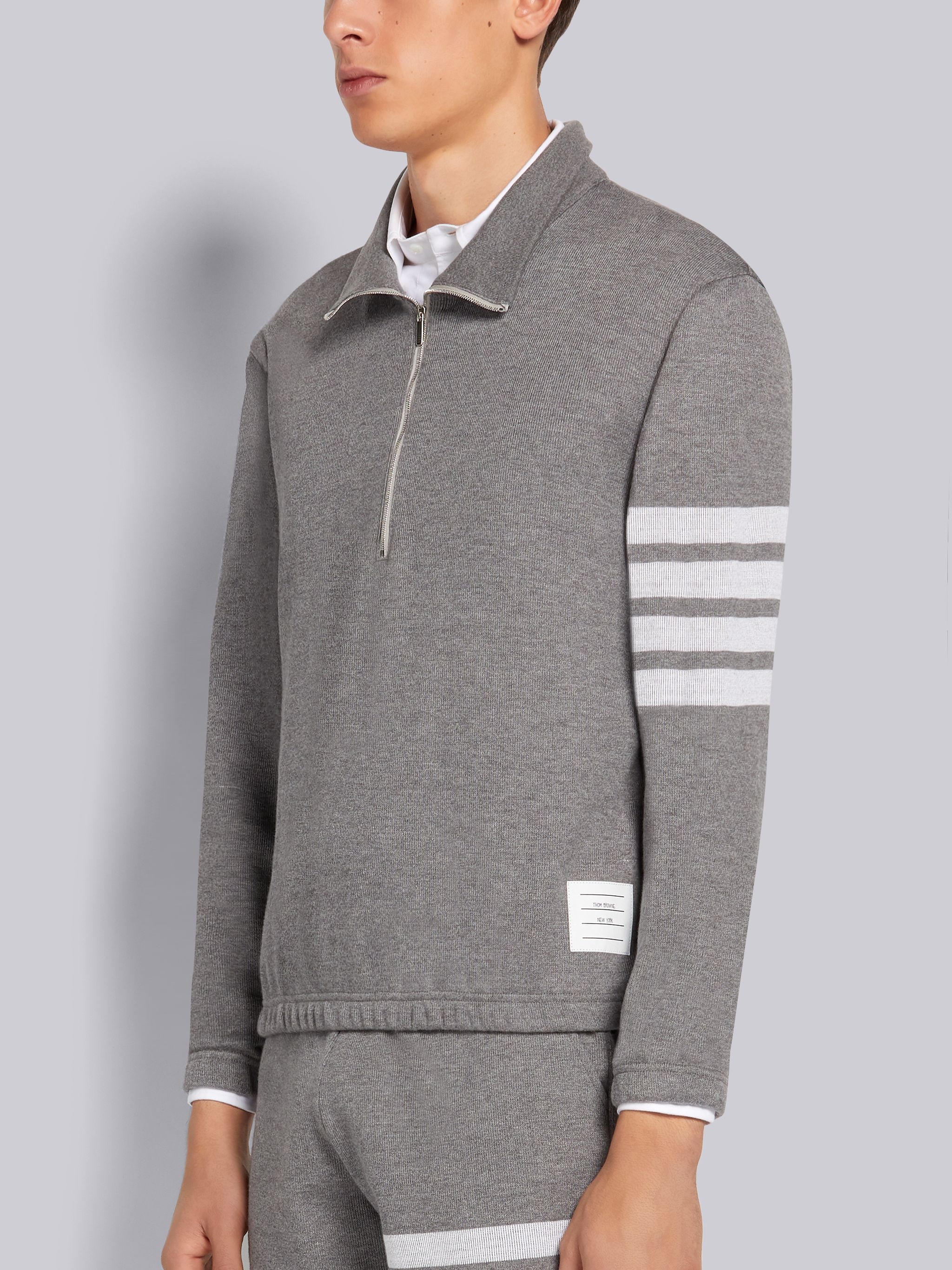 Medium Grey Double Face Cotton Knit 4-Bar Stripe Half Zip Funnel Neck Pullover - 2