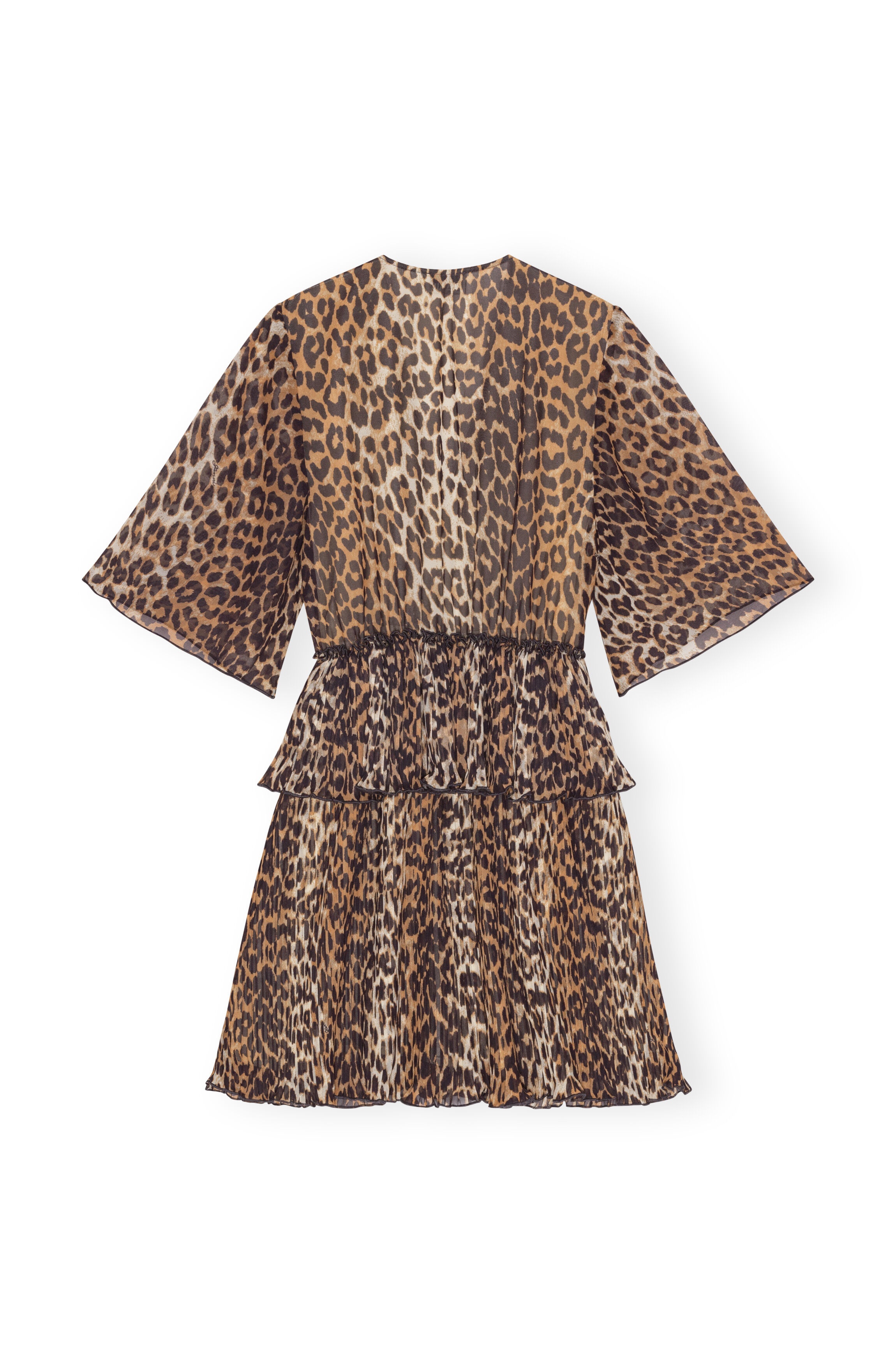 LEOPARD PLEATED GEORGETTE V-NECK FLOUNCE MINI DRESS - 6