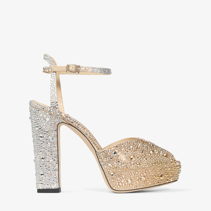 Sacaria Platform 120 Gold Satin Platform Sandals with Dégradé Crystals 1