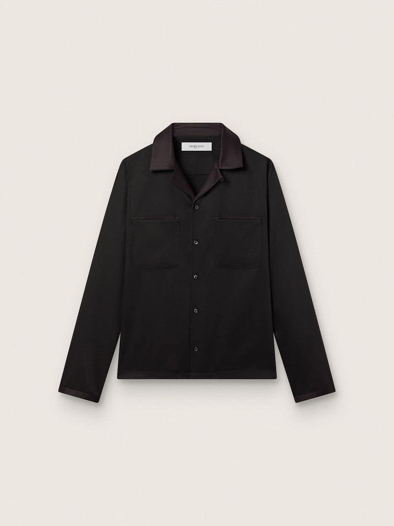 Men's shirt in black wool twill with black satin details 1