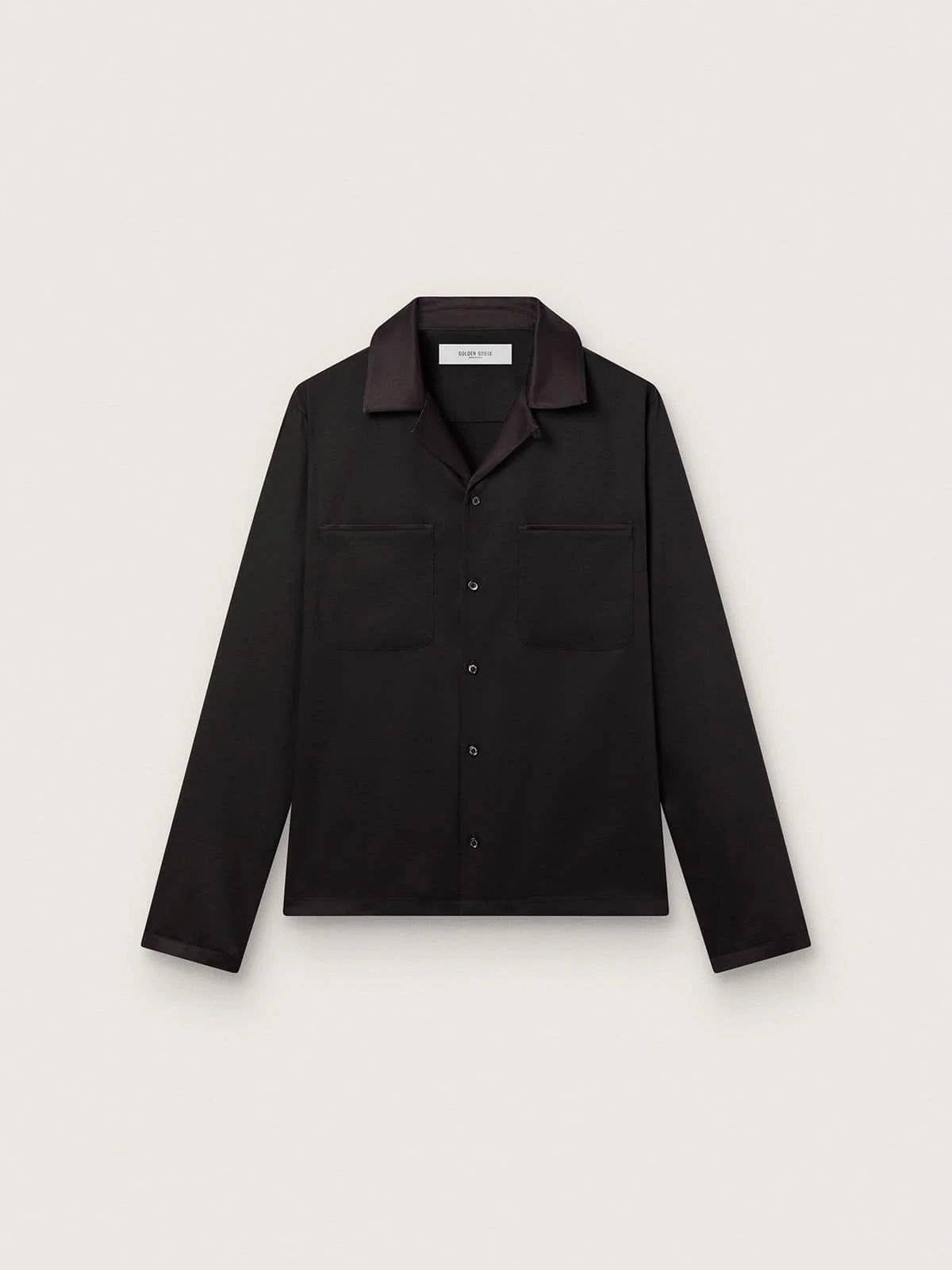 Men's shirt in black wool twill with black satin details - 1