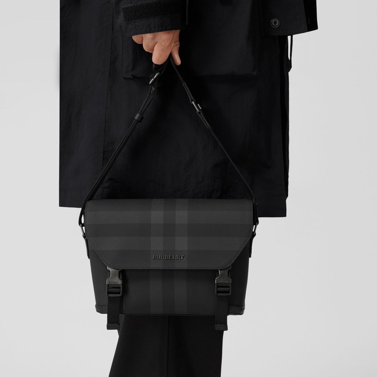 Charcoal Check and Leather Messenger Bag - 3