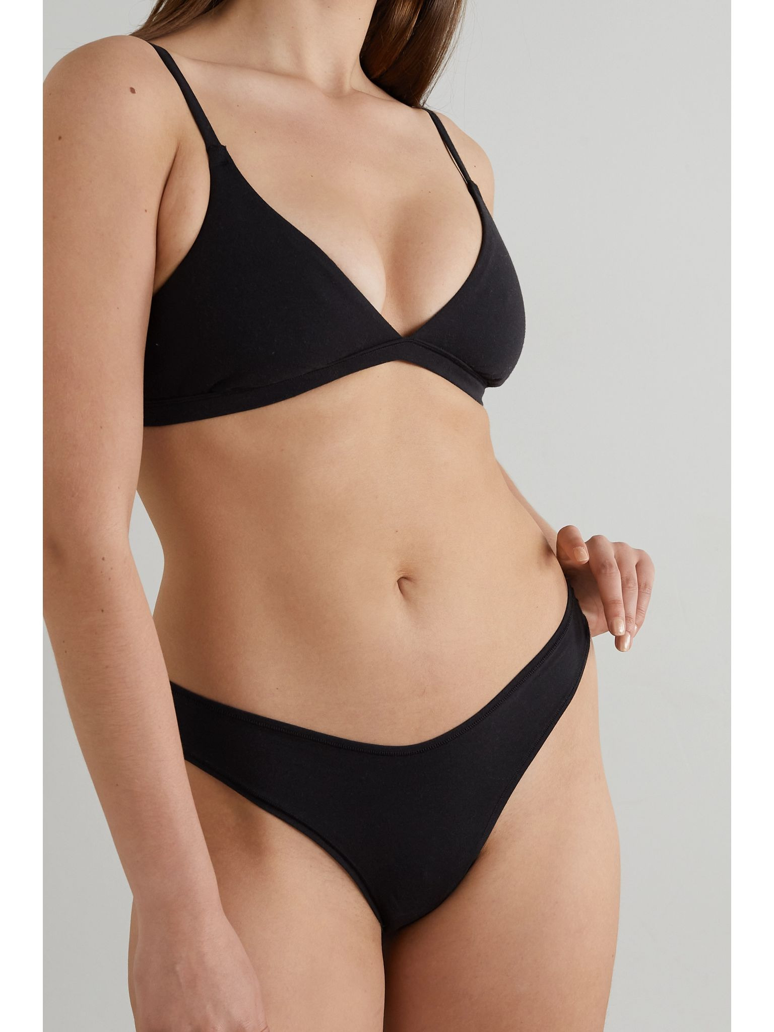 Cotton-Blend Jersey Dipped Thong - Soot Black - 5