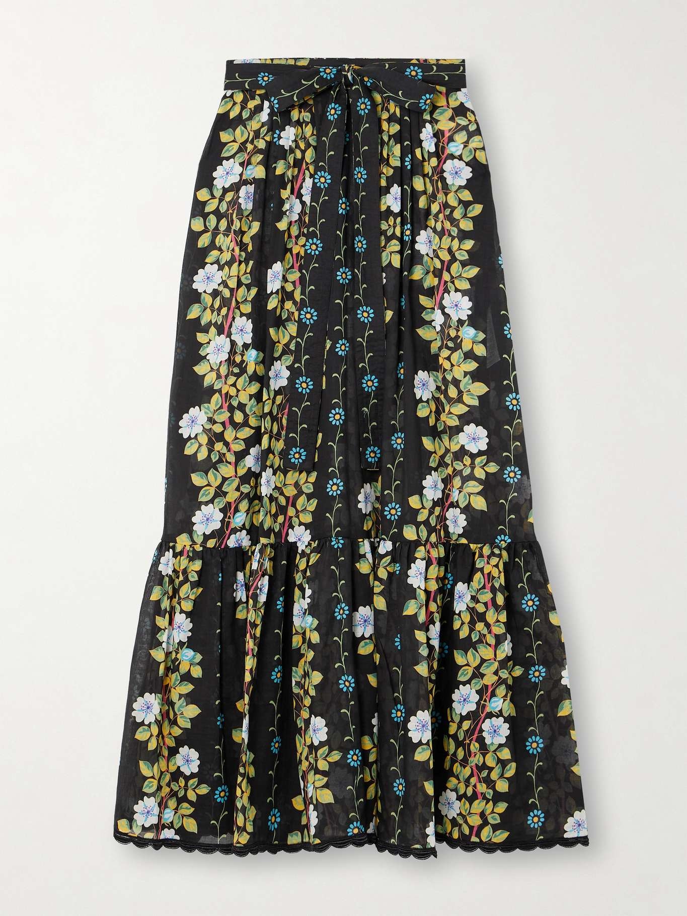Belted scalloped floral-print cotton-voile maxi skirt - 1
