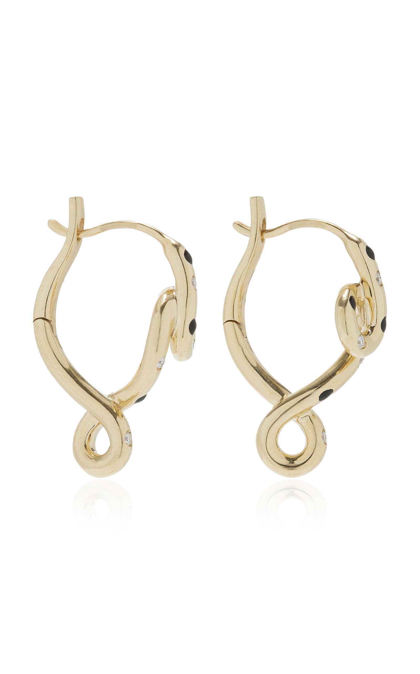 Double Wave Enameled 9K Yellow Gold Diamond Hoop Earrings black - 3
