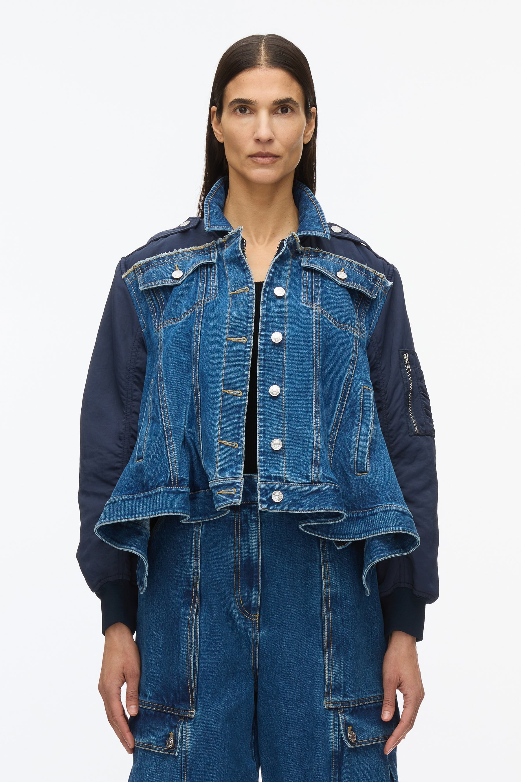Hybrid Denim Flight Jacket With Flounce Hem - 3