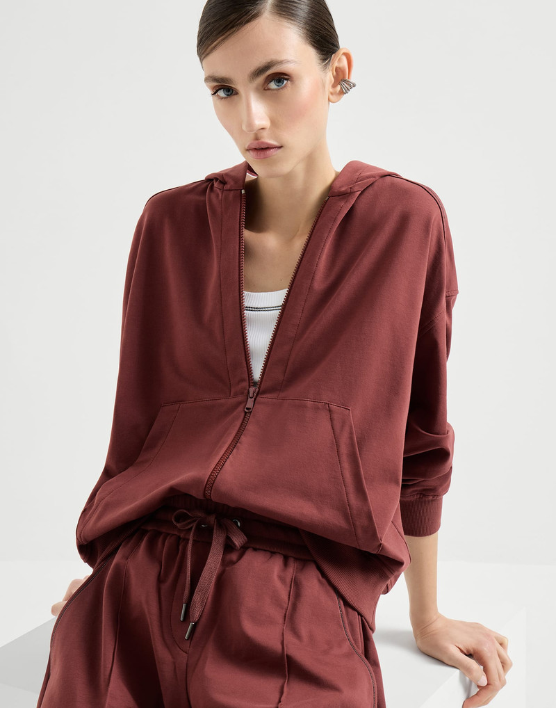 Stretch cotton lightweight French terry hooded sweatshirt with zipper and shiny trims 5