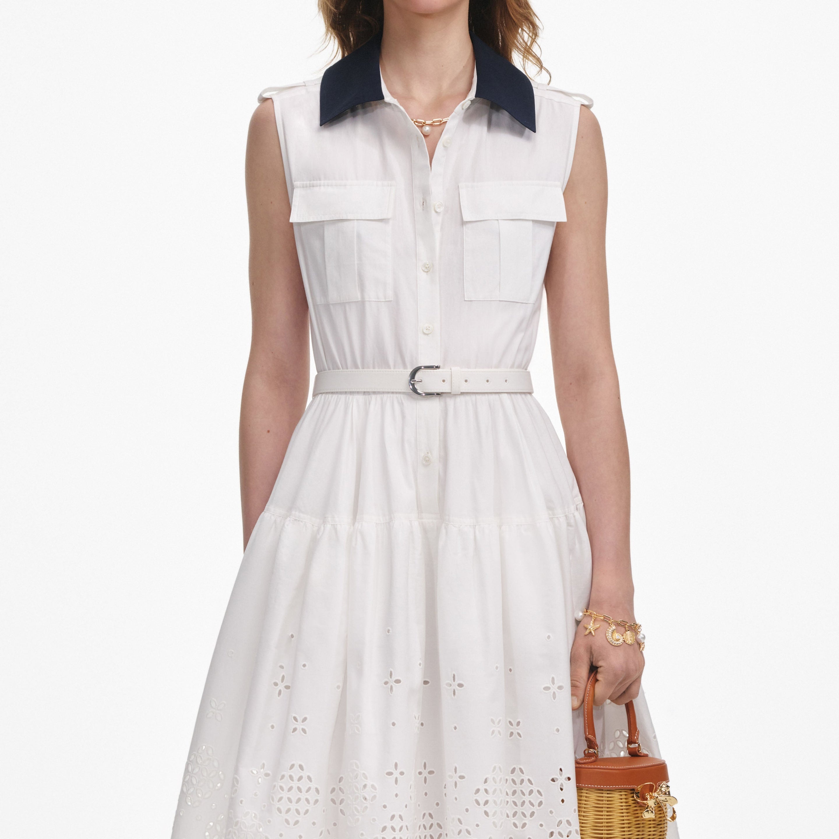 White Contrast Collar Broderie Midi Dress - 4