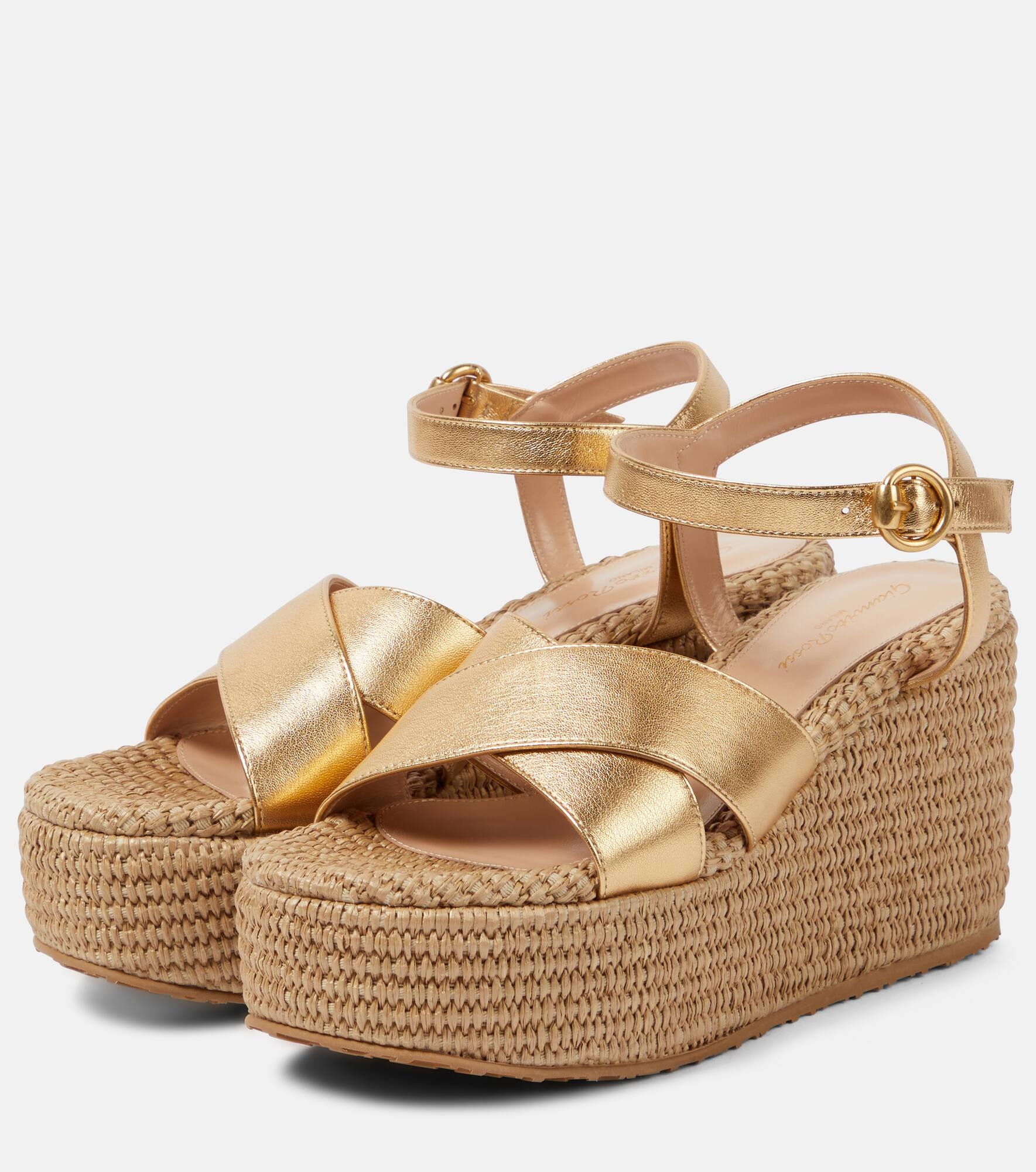 Leather and raffia platform sandals - 5