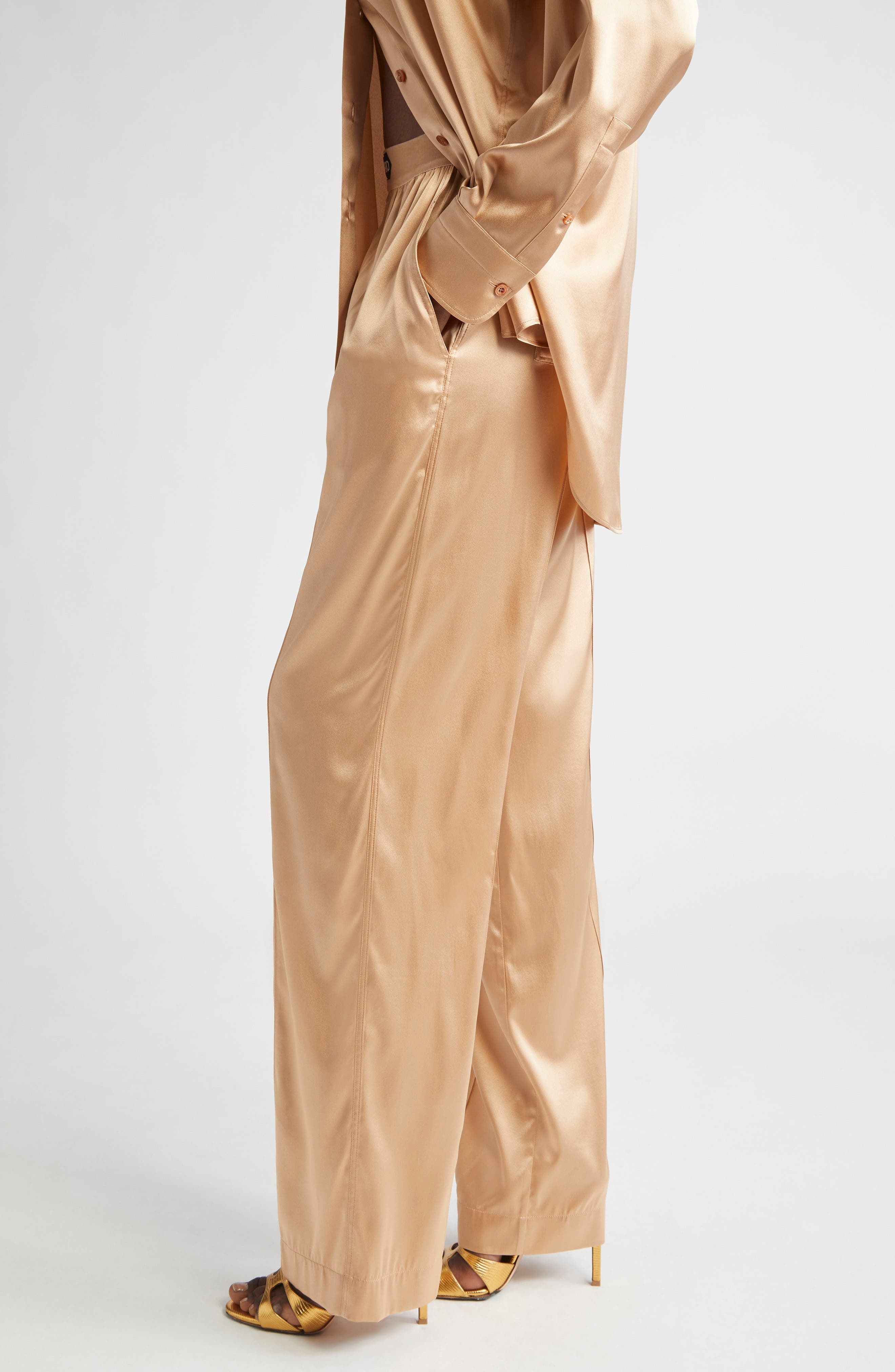 TOM FORD Stretch Silk Satin Pajama Pants in Pale Beige at Nordstrom - 4