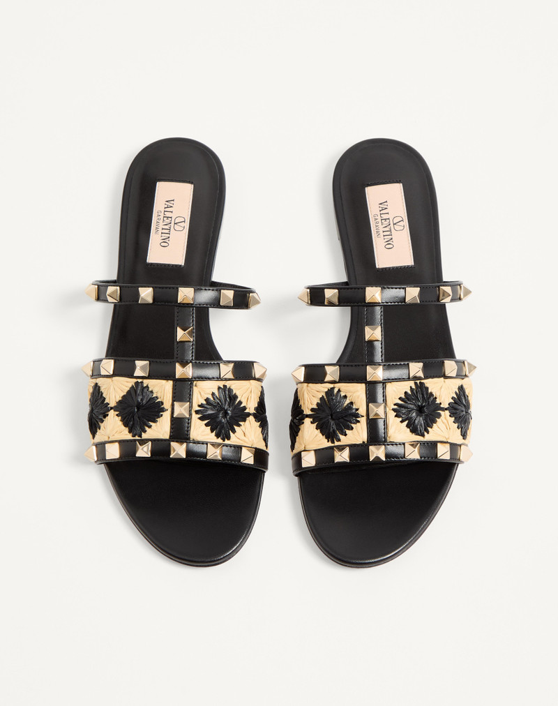 ROCKSTUD SLIDE SANDAL WITH RAFFIA CHECK EMBROIDERY 3
