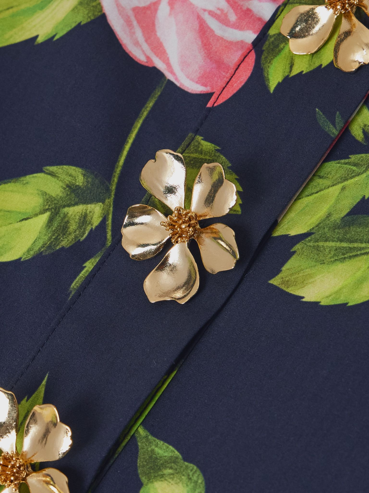 Button-embellished floral-print cotton-blend poplin gown Navy - 4