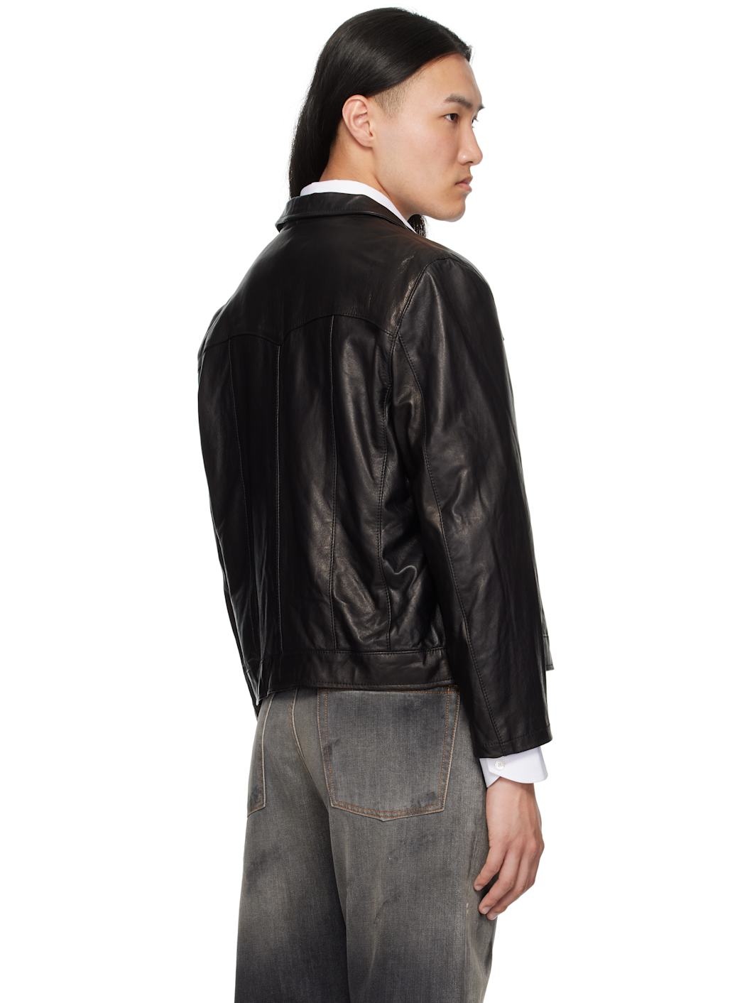 Black Western Sharp Shoulder Leather Jacket - 3