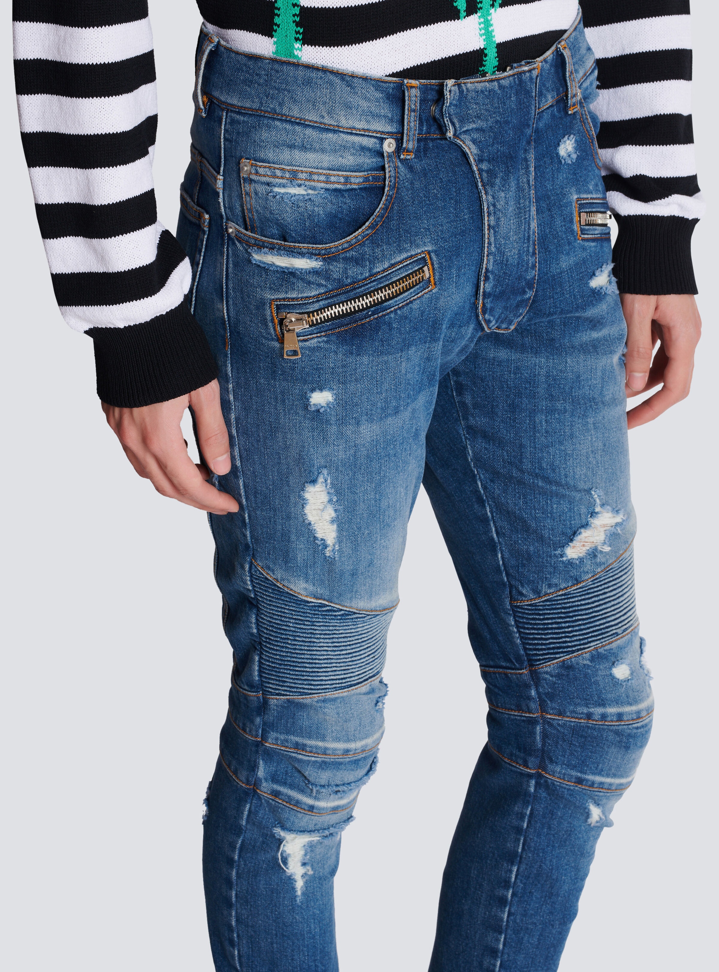 Biker jeans in faded denim - 6