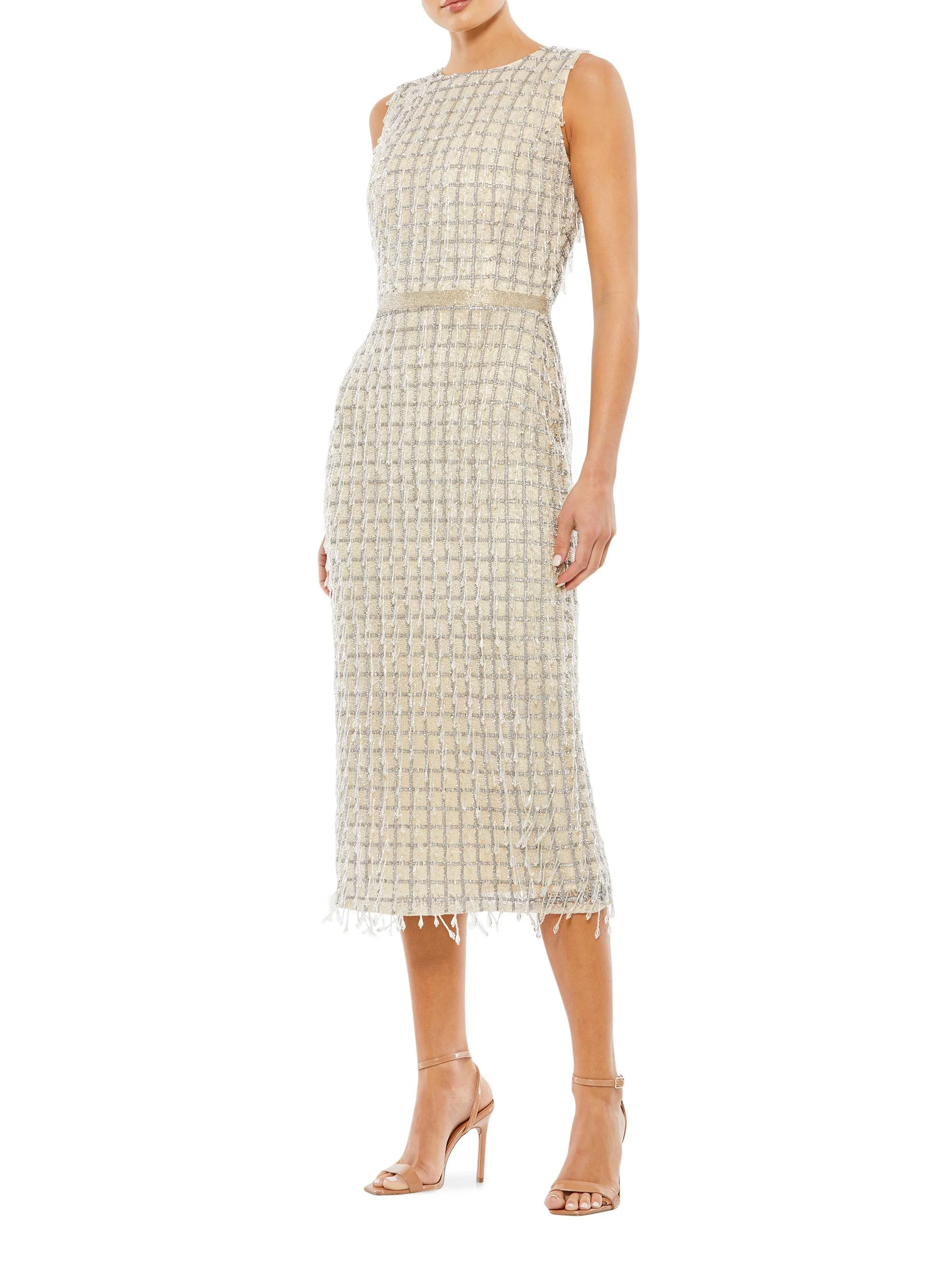 Women's Beaded Fringe Sheath Dress - Beige - 1