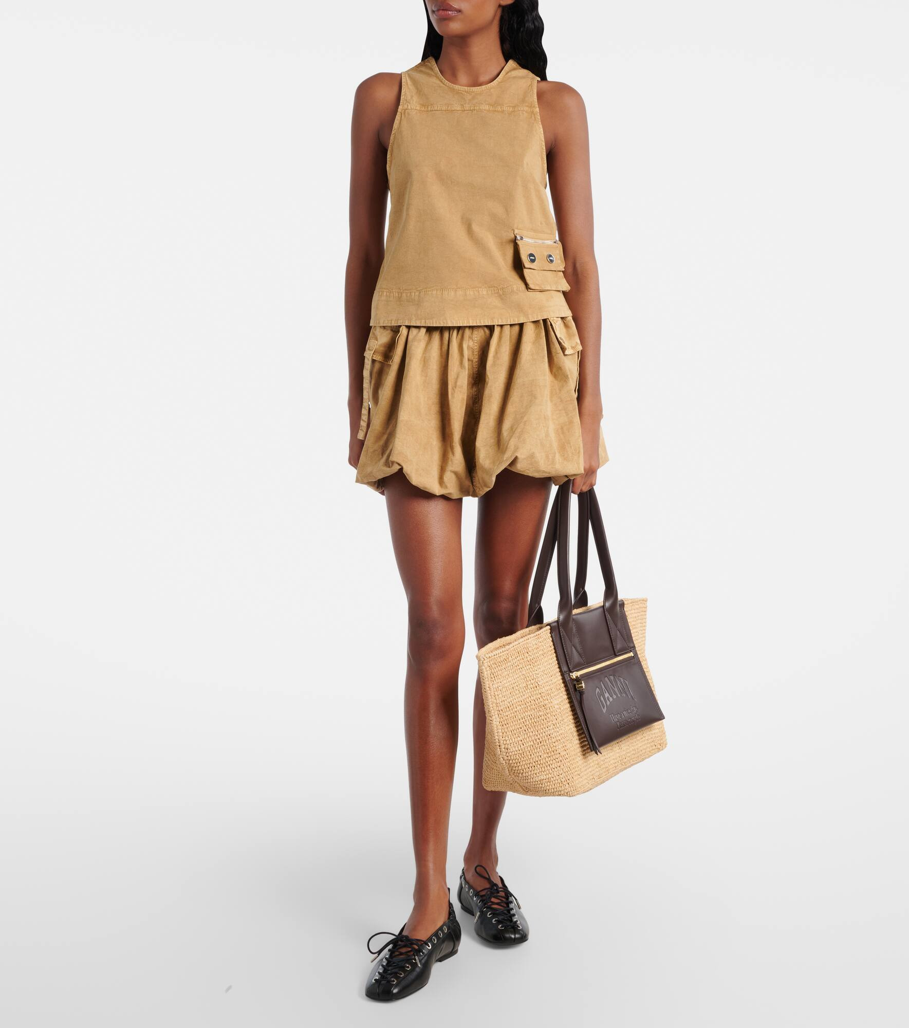 Faux leather-trimmed raffia tote bag - 5