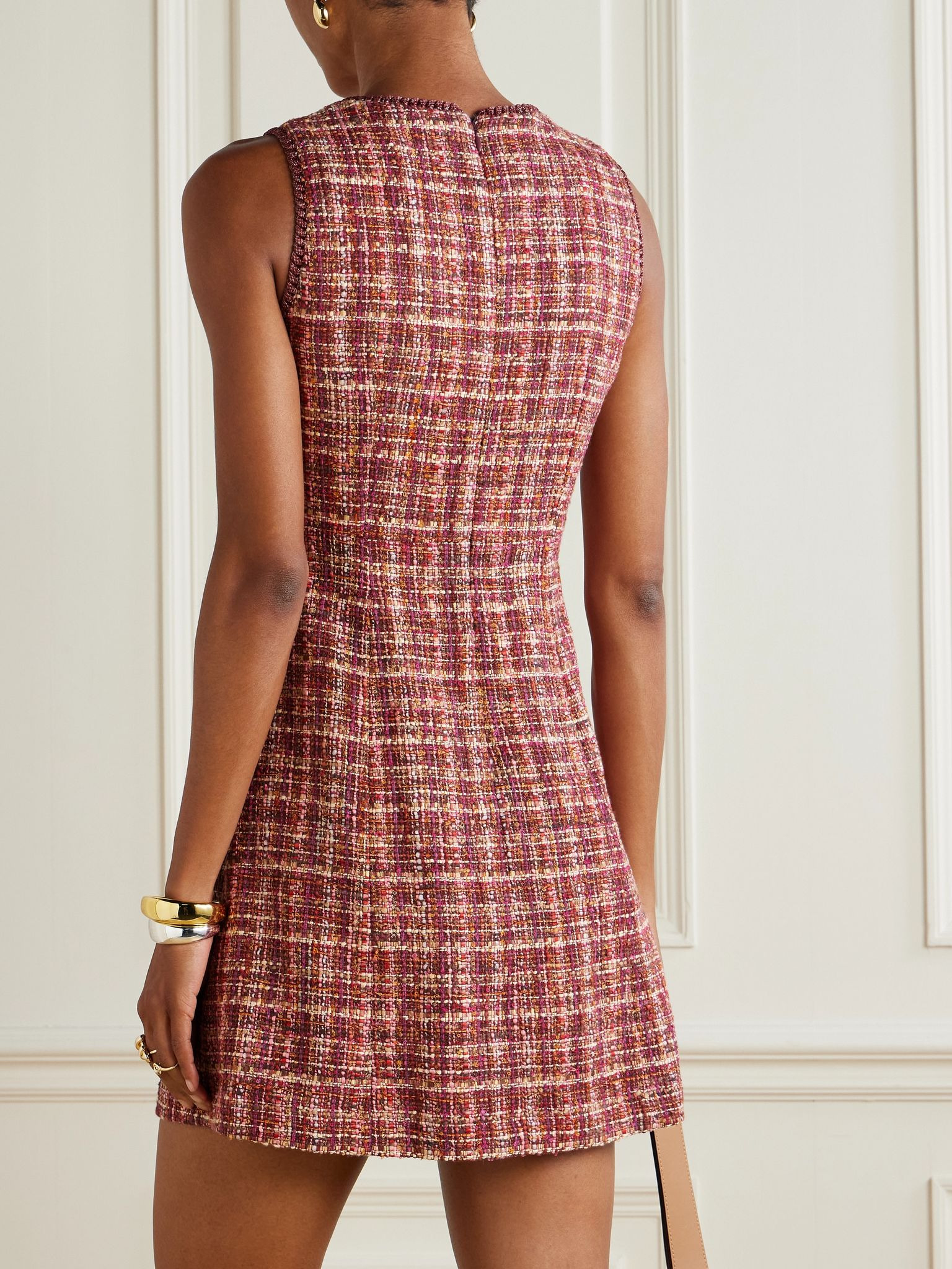 Checked cotton-blend bouclé-tweed mini dress Red - 4