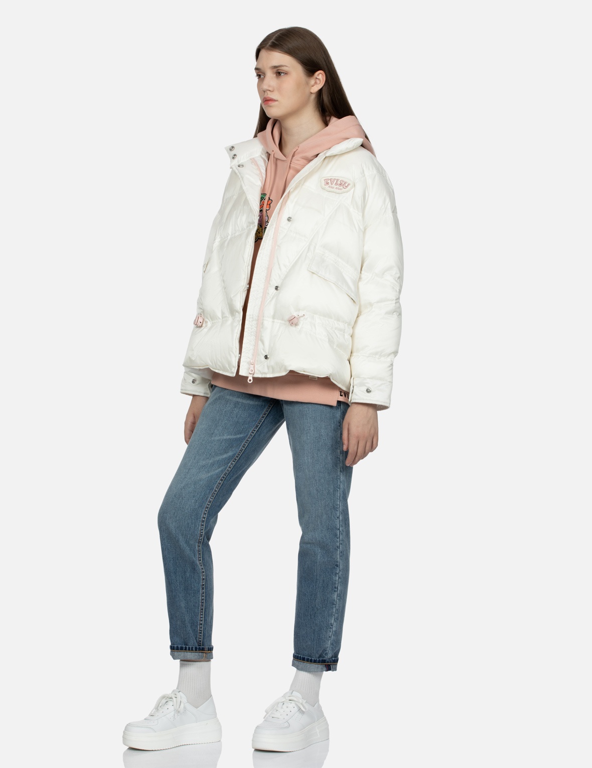 LOGO AND DARUMA HEART EMBROIDERED BADGES FASHION FIT DOWN JACKET - 3