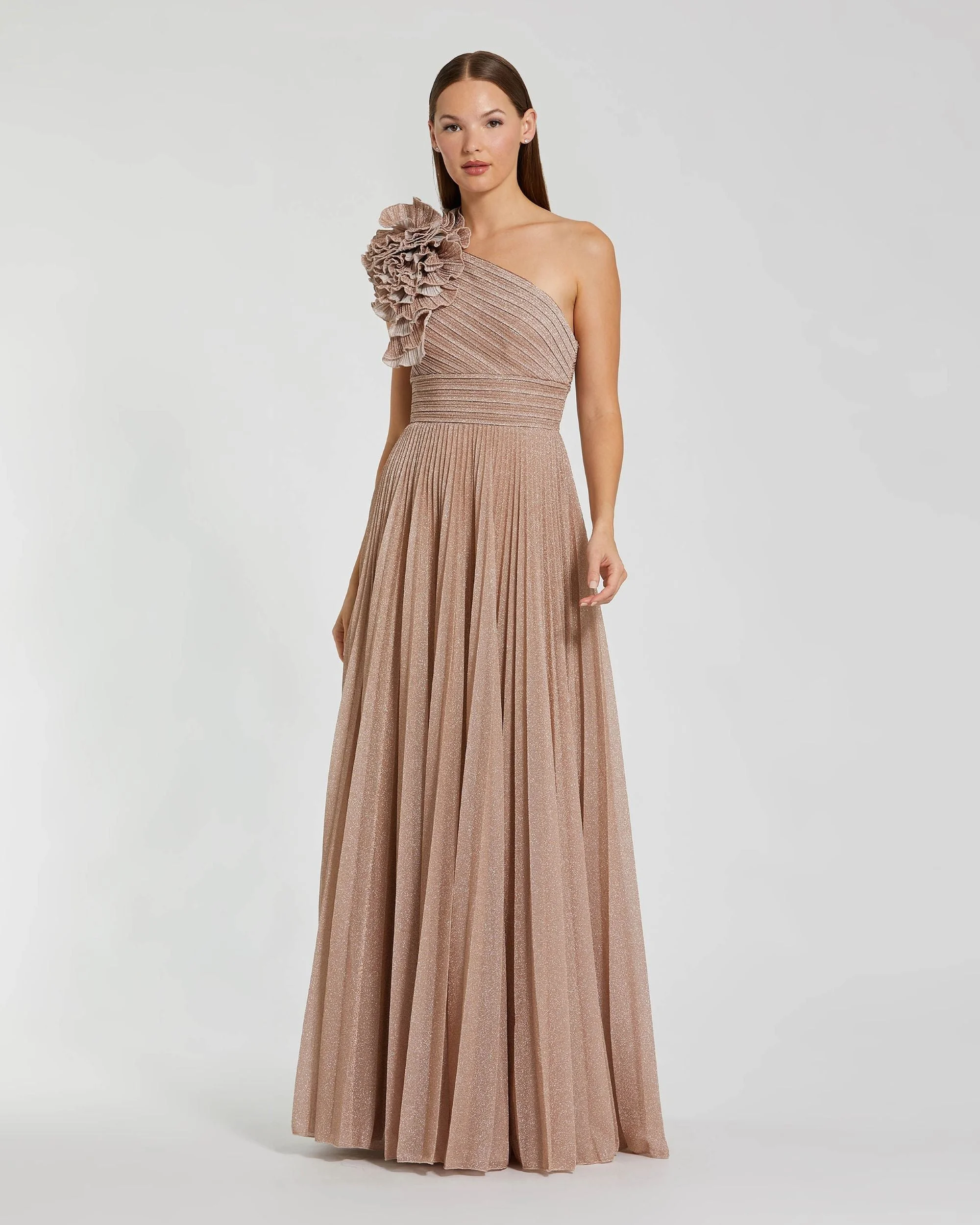 Champagne Pleated One Shoulder Ruffle Gown - 1