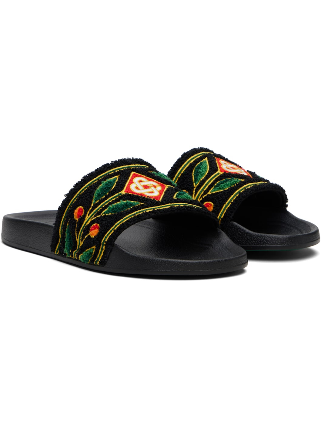 Black Embroidered Terry Slides - 4