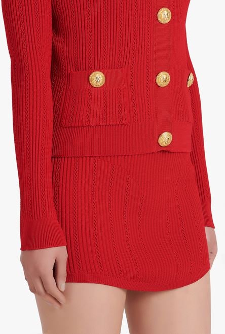 Cropped red eco-designed knit cardigan with gold-tone buttons - 8