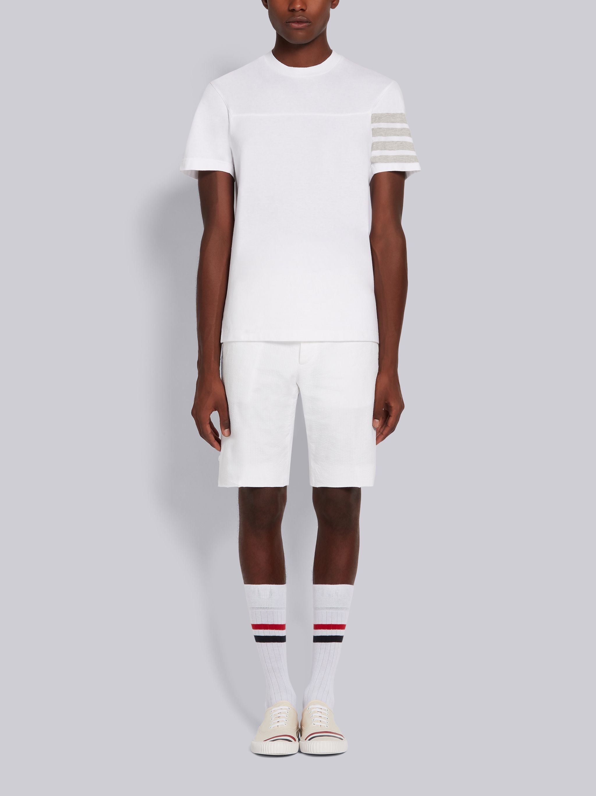 White Cotton Jersey 4-Bar Short Sleeve Yoke Seam Tee - 4