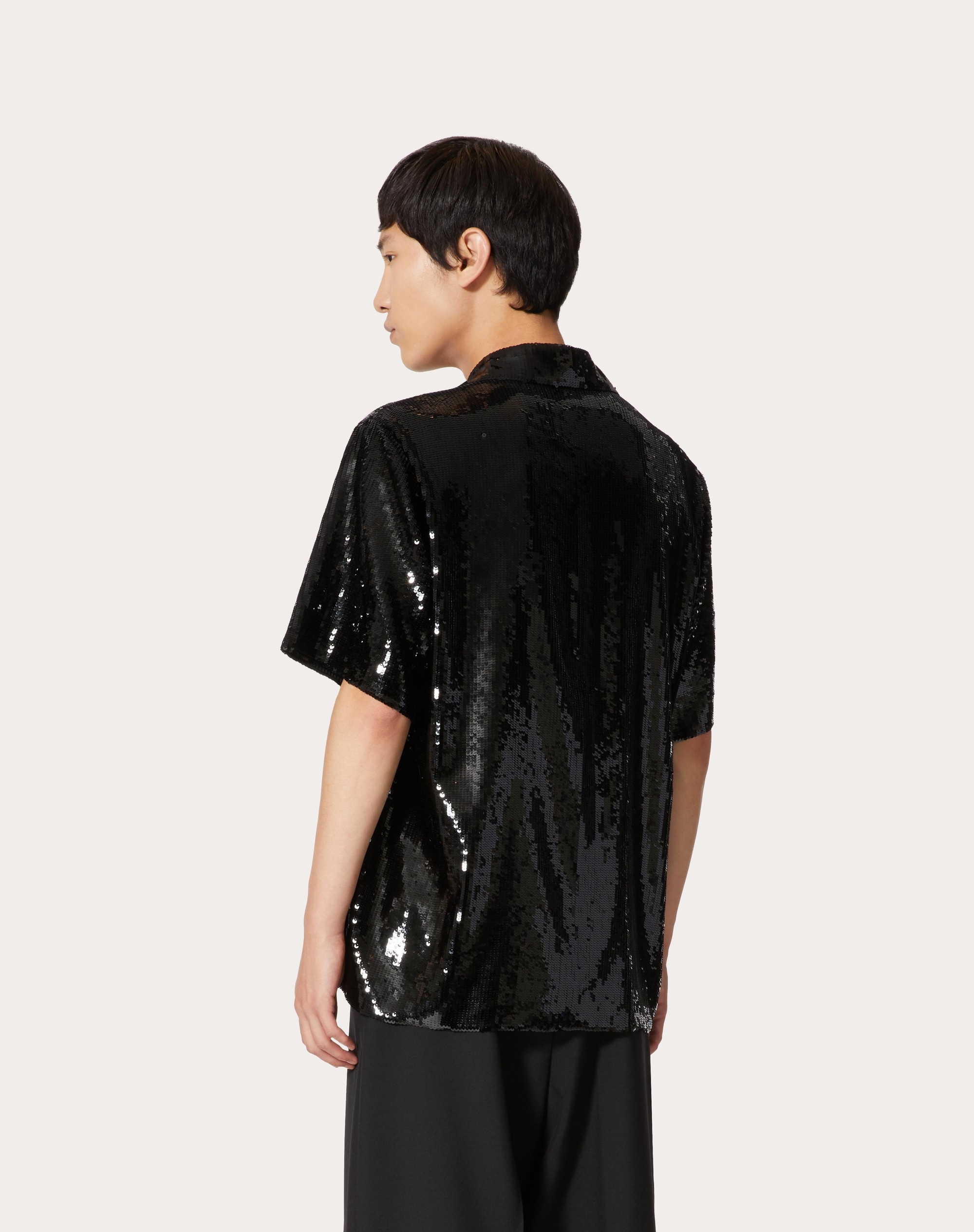CHIFFON BOWLING SHIRT WITH ALL-OVER SEQUINS AND FLORAL EMBROIDERY - 4