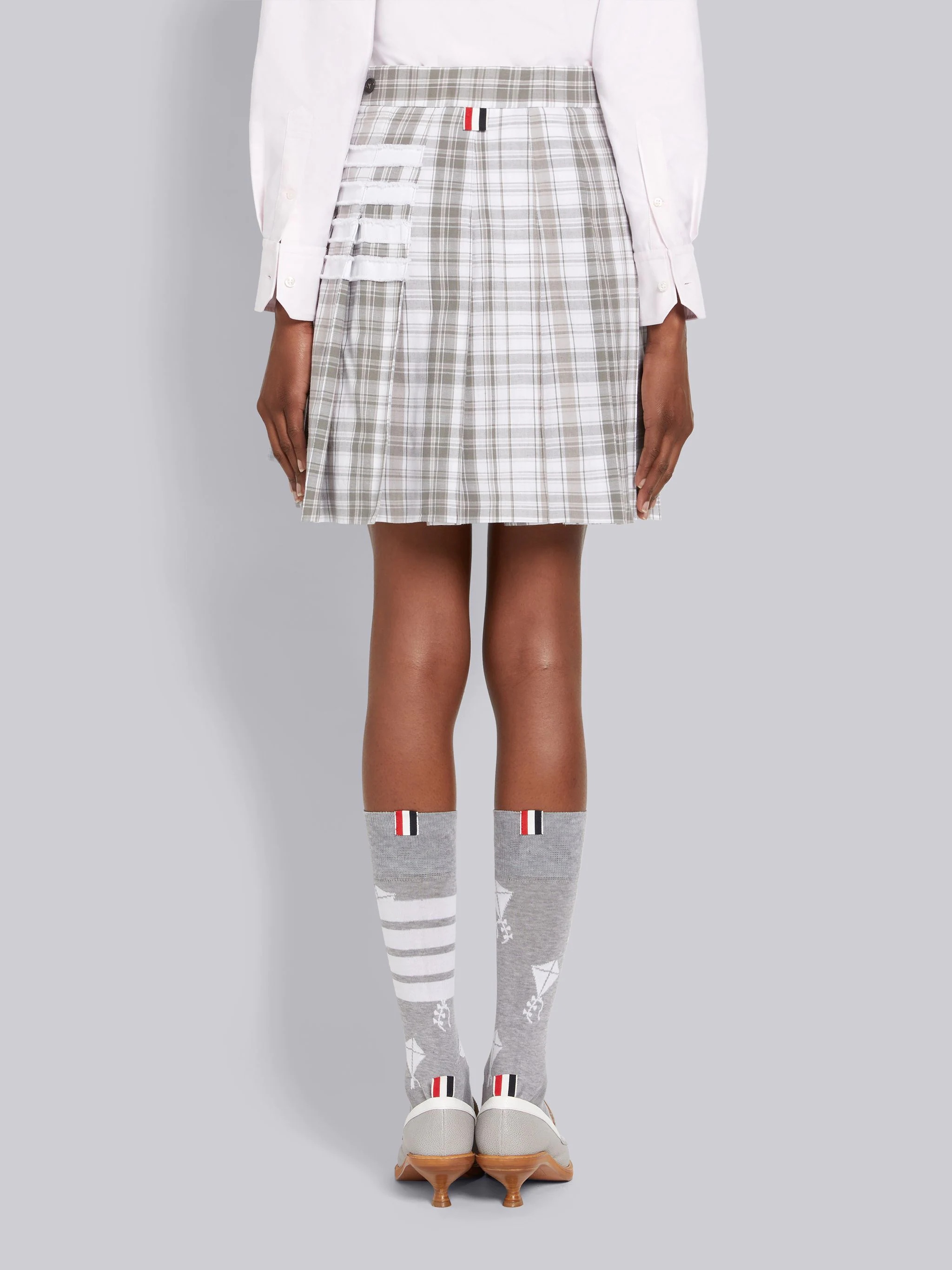 Medium Grey Stripe Plaid Oxford 4-Bar Dropped Back Pleated Mini Skirt - 3