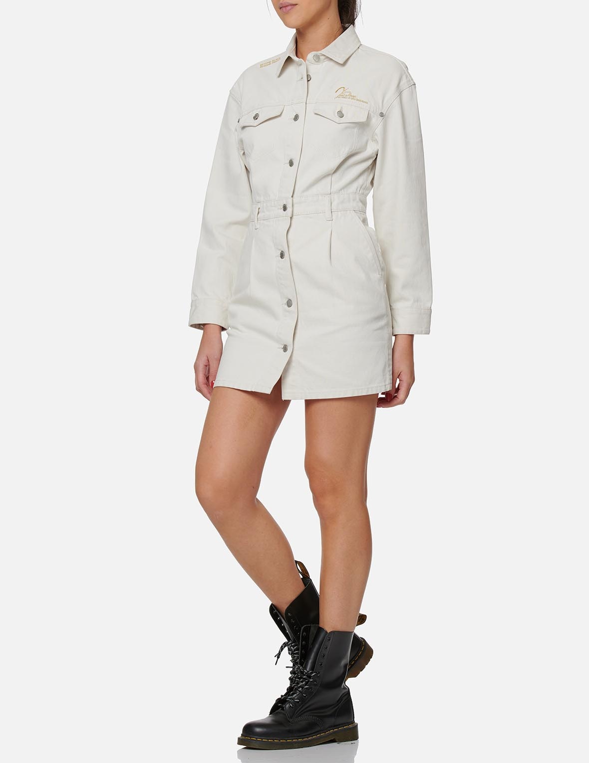 Slashed Seagull Embroidered Denim Dungaree Dress - 3