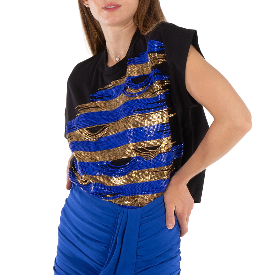 Balmain Ladies Striped Embroidered Cropped T-Shirt - 2