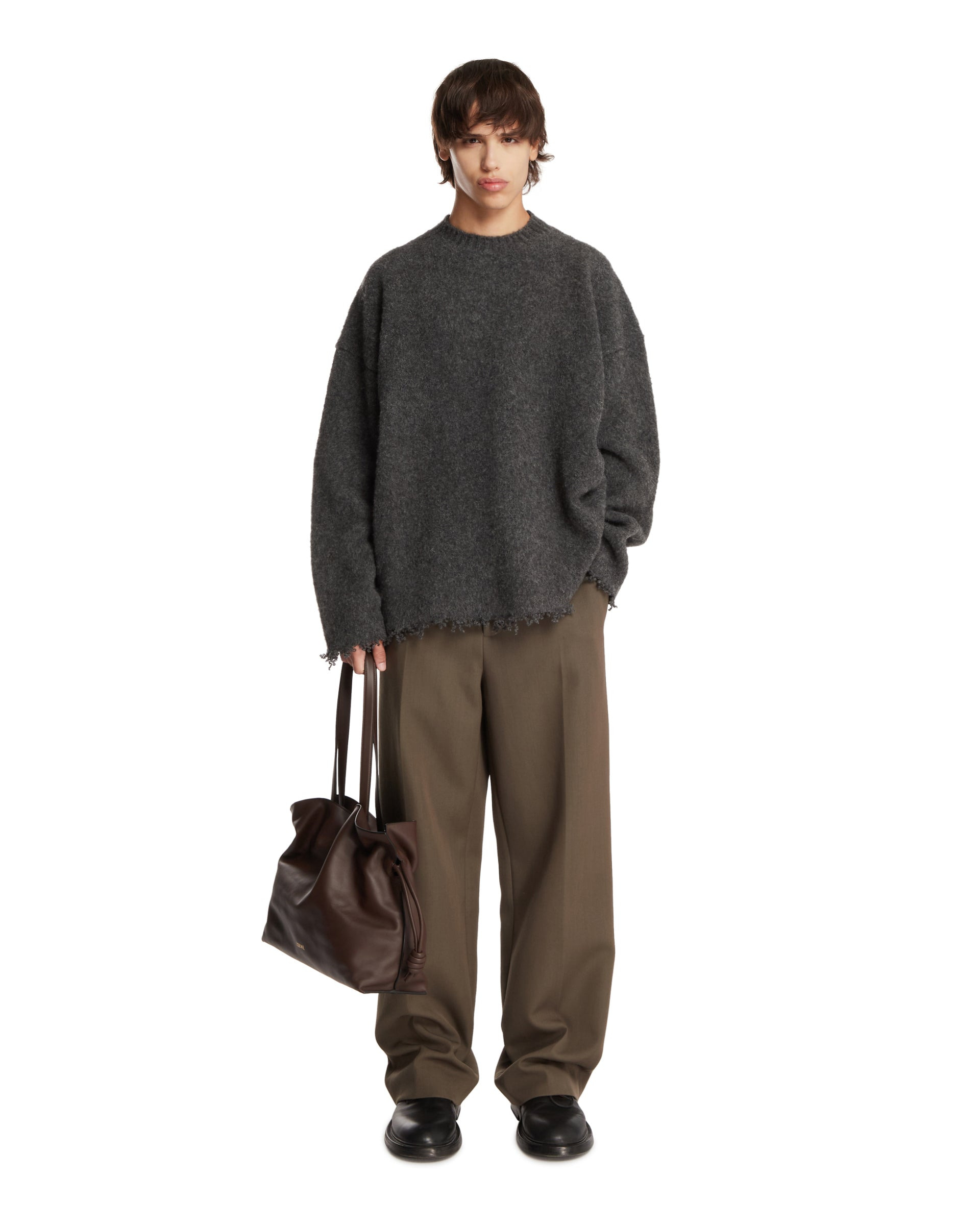 Gray Sweater with Fringed Hem - 2