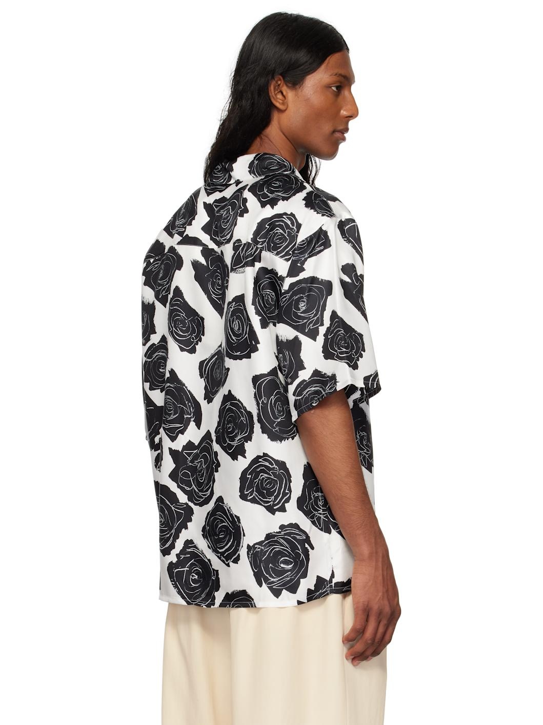 White & Black Cybele Print Silk Bowling Shirt - 3