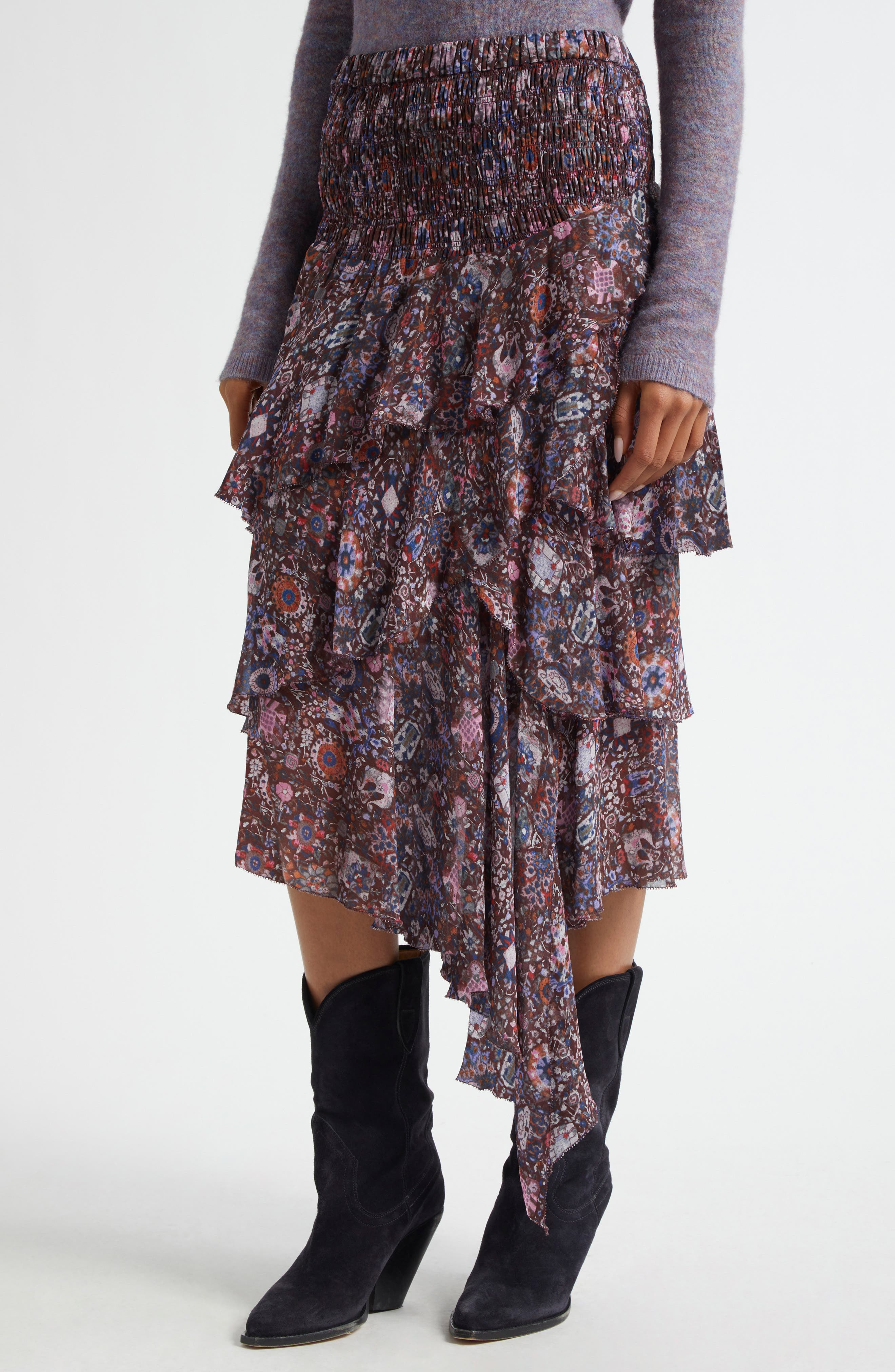 Isabel Marant Étoile Brigitte Smocked Waist Tiered Chiffon Midi Skirt in Plum at Nordstrom - 4