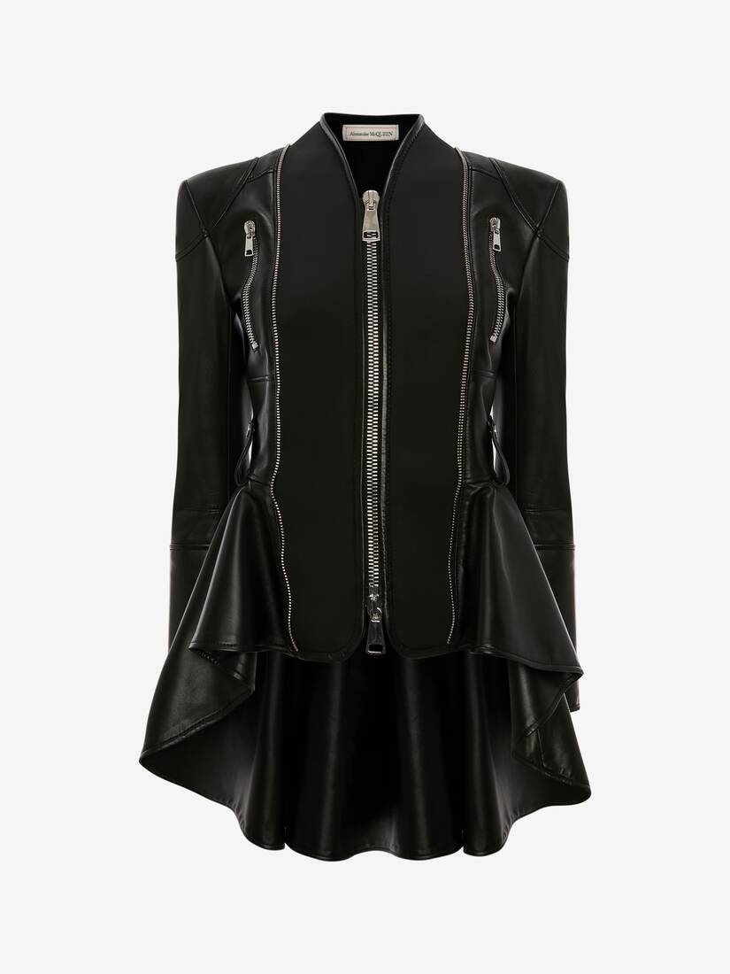 Spliced Peplum Biker Jacket in Black - 1