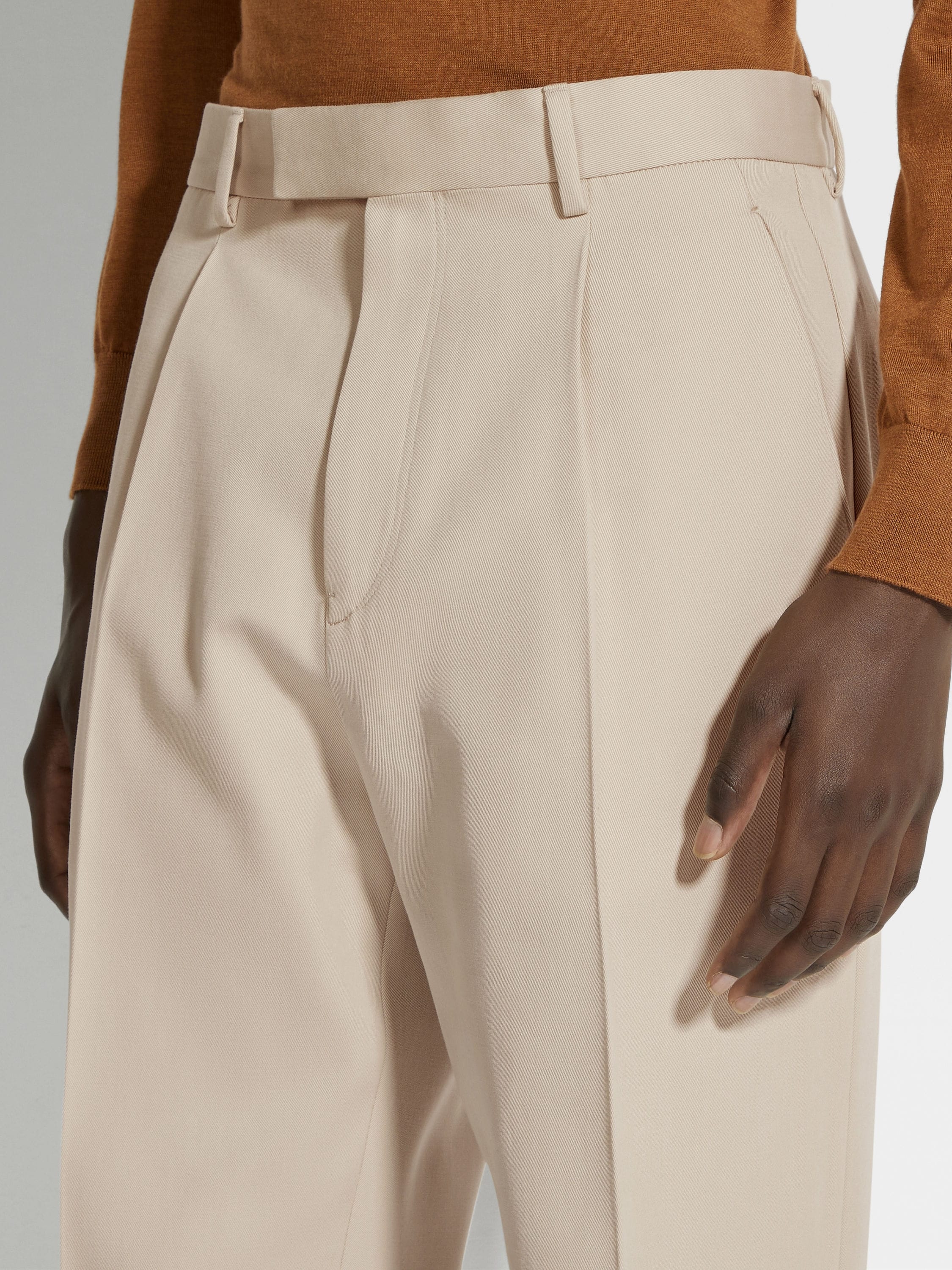 LIGHT BEIGE COTTON AND WOOL PANTS - 2