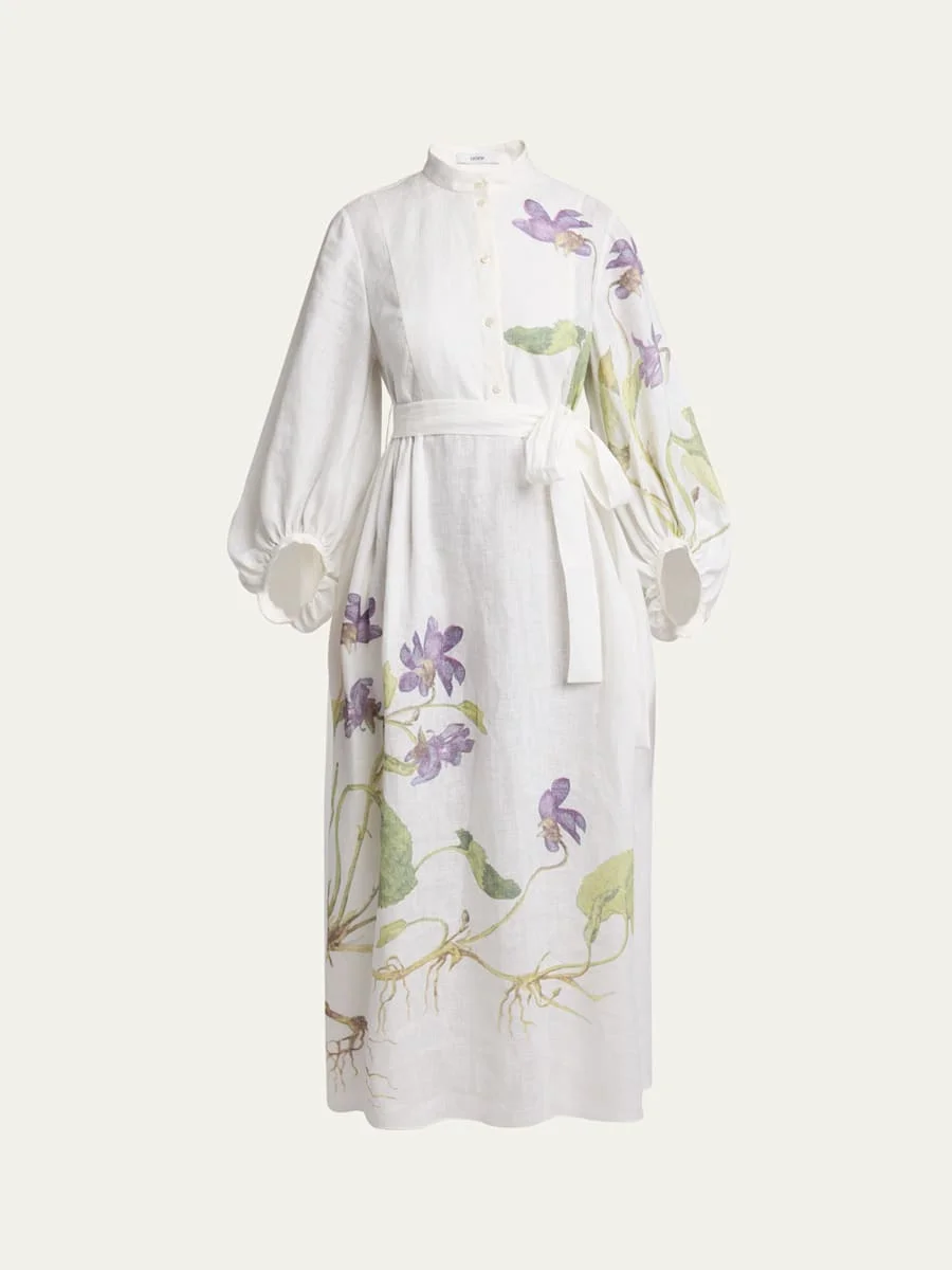 Floral Self-Tie Linen Dress - 1