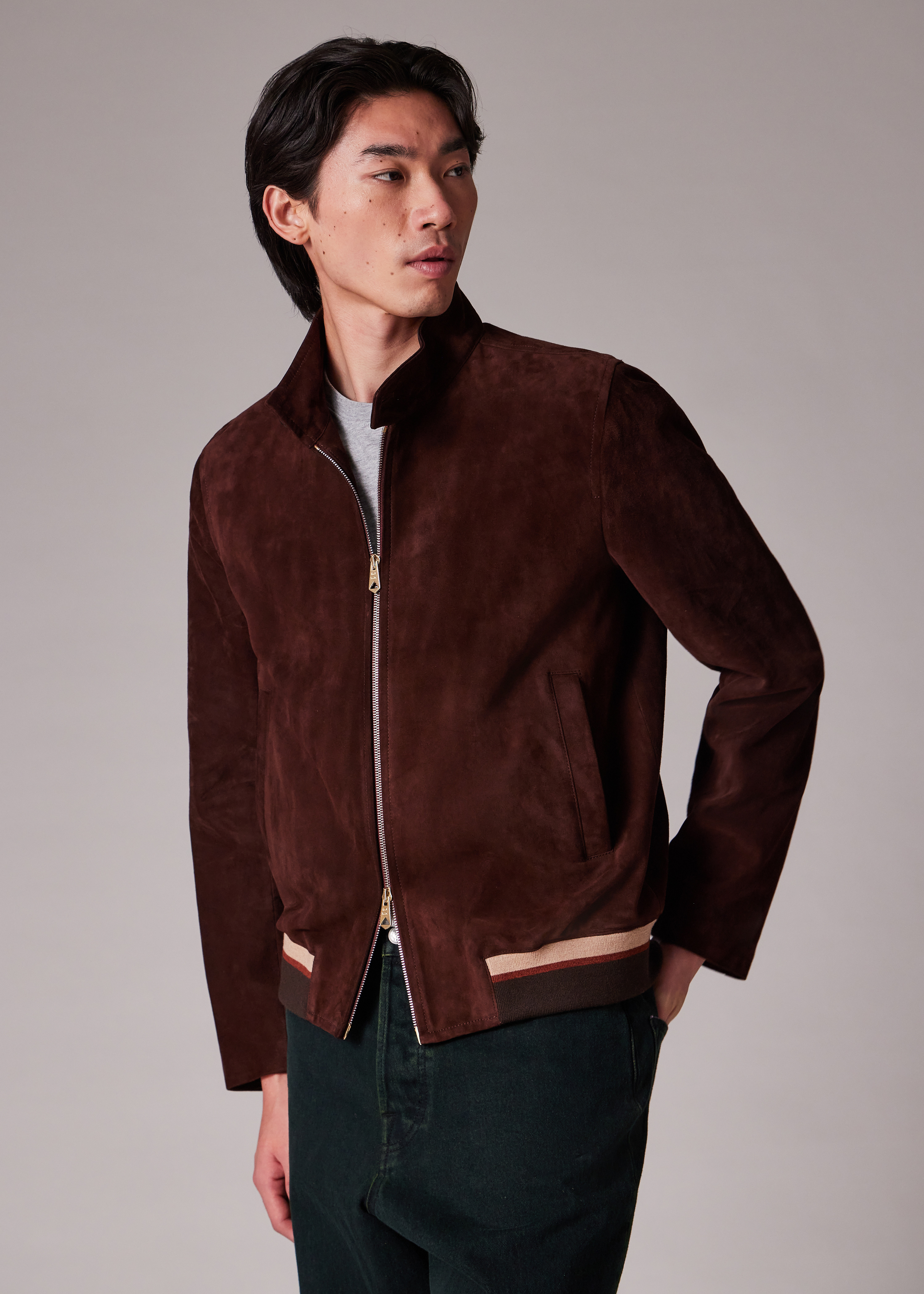 Brown Suede Funnel Neck Jacket - 5