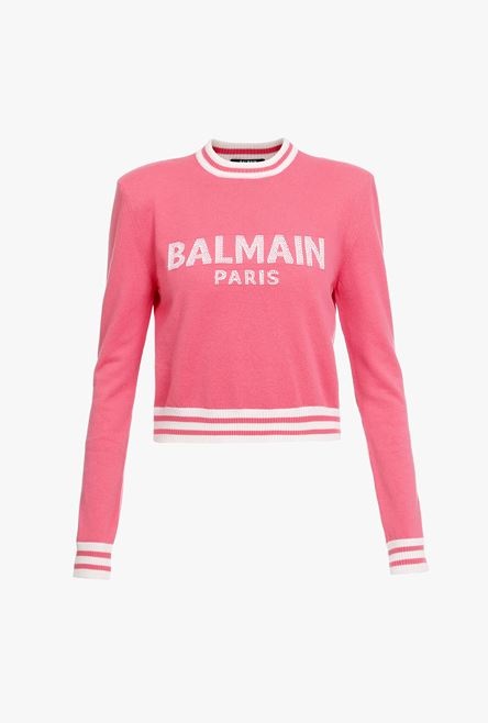 Cropped pink wool and cashmere sweatshirt with white Balmain logo - 1