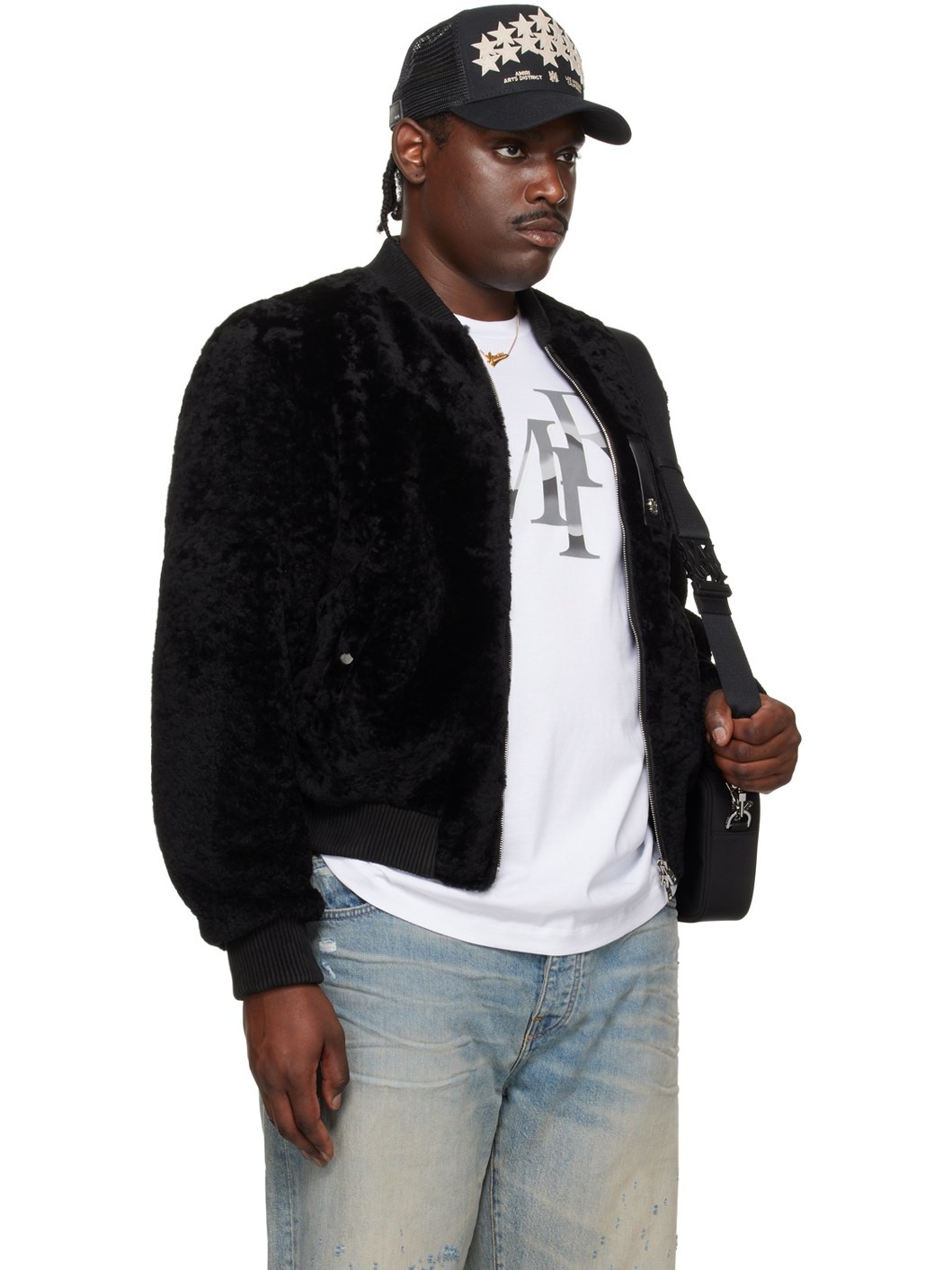 Black Zip Front Shearling Bomber Jacket - 2