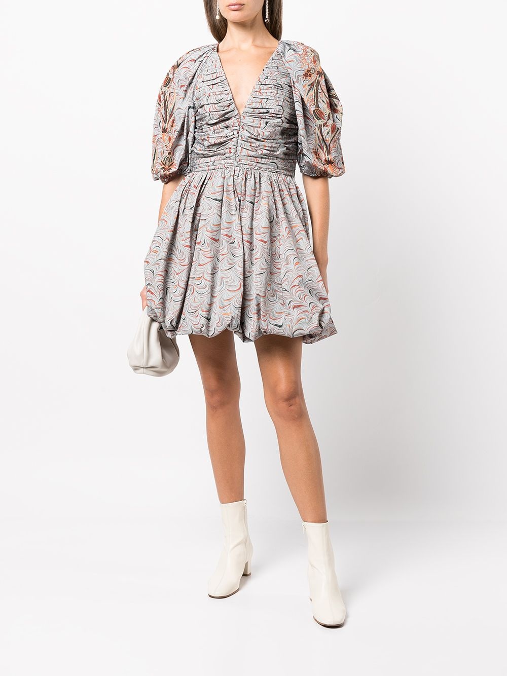 marbled puff-sleeve ruched dress - 2