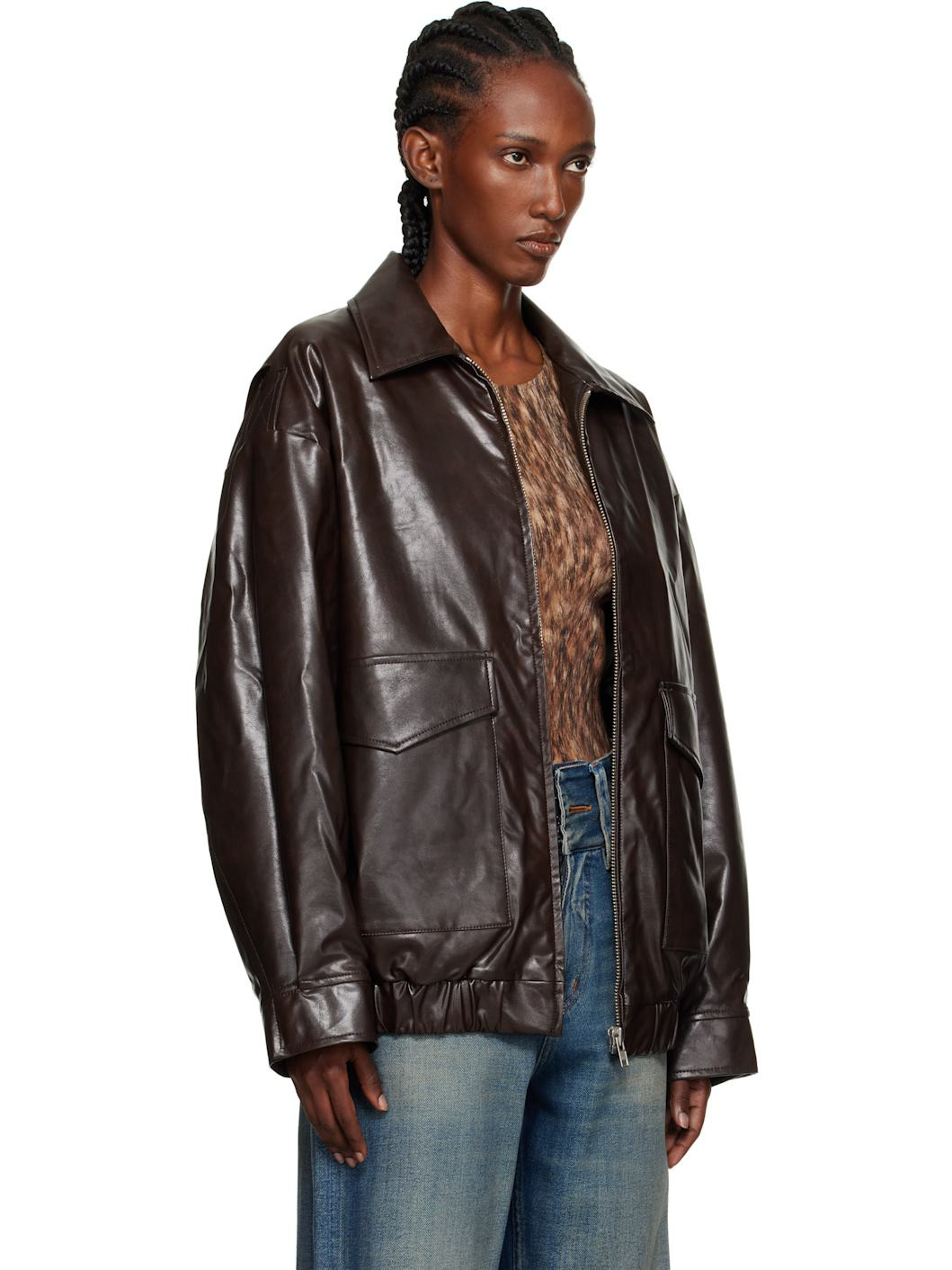 Brown Zip Faux-Leather Bomber Jacket - 2