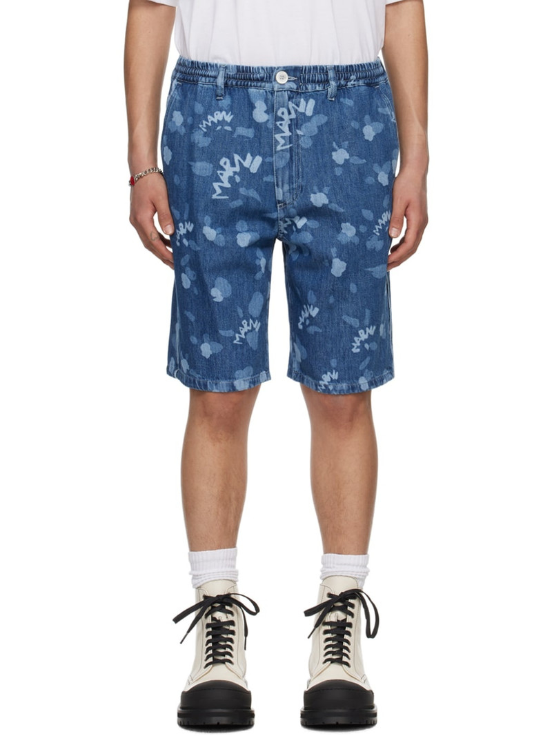Blue Printed Denim Shorts 1