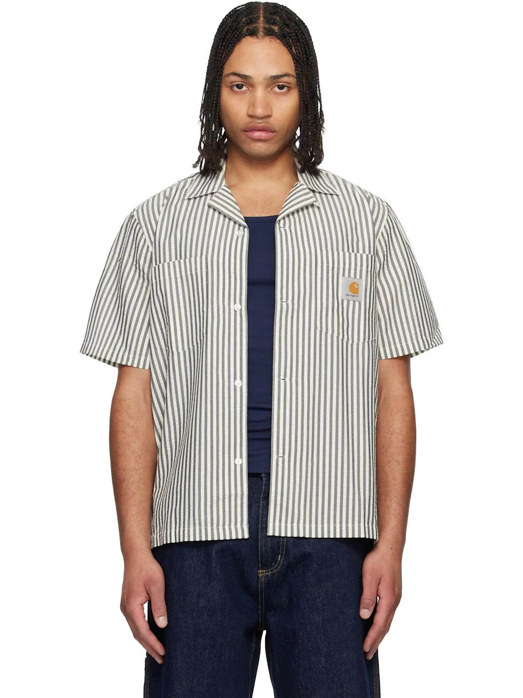 Black & White Short Sleeve Leavel Stripe Shirt - 1