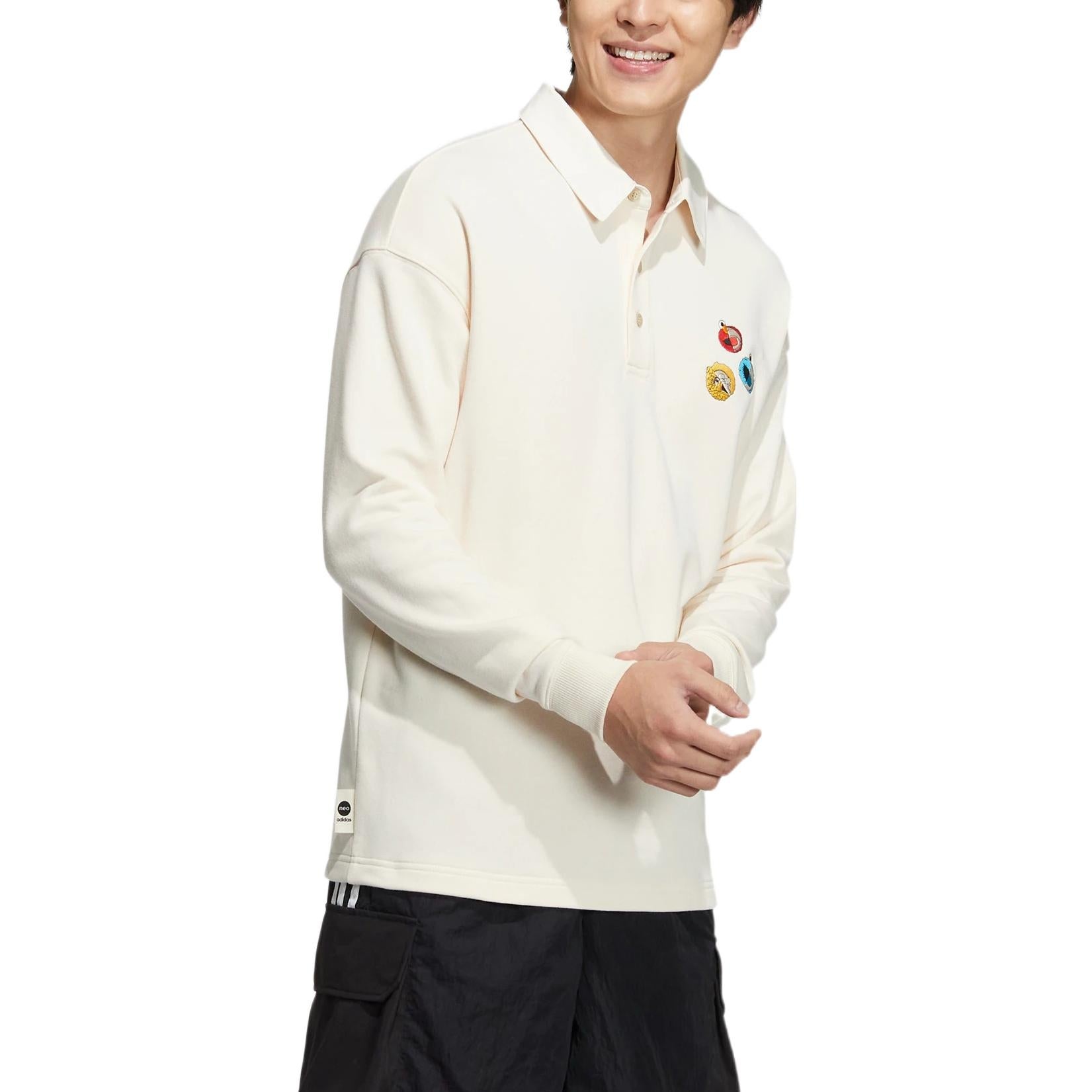 adidas neo x SESAME STREET x JF Crossover Back Logo Printing Pattern Lapel Long Sleeves White Polo S - 4