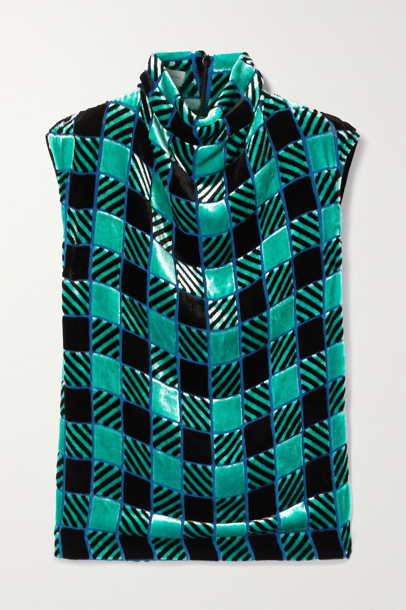 Checked flocked paneled crepe de chine and satin blouse - 1