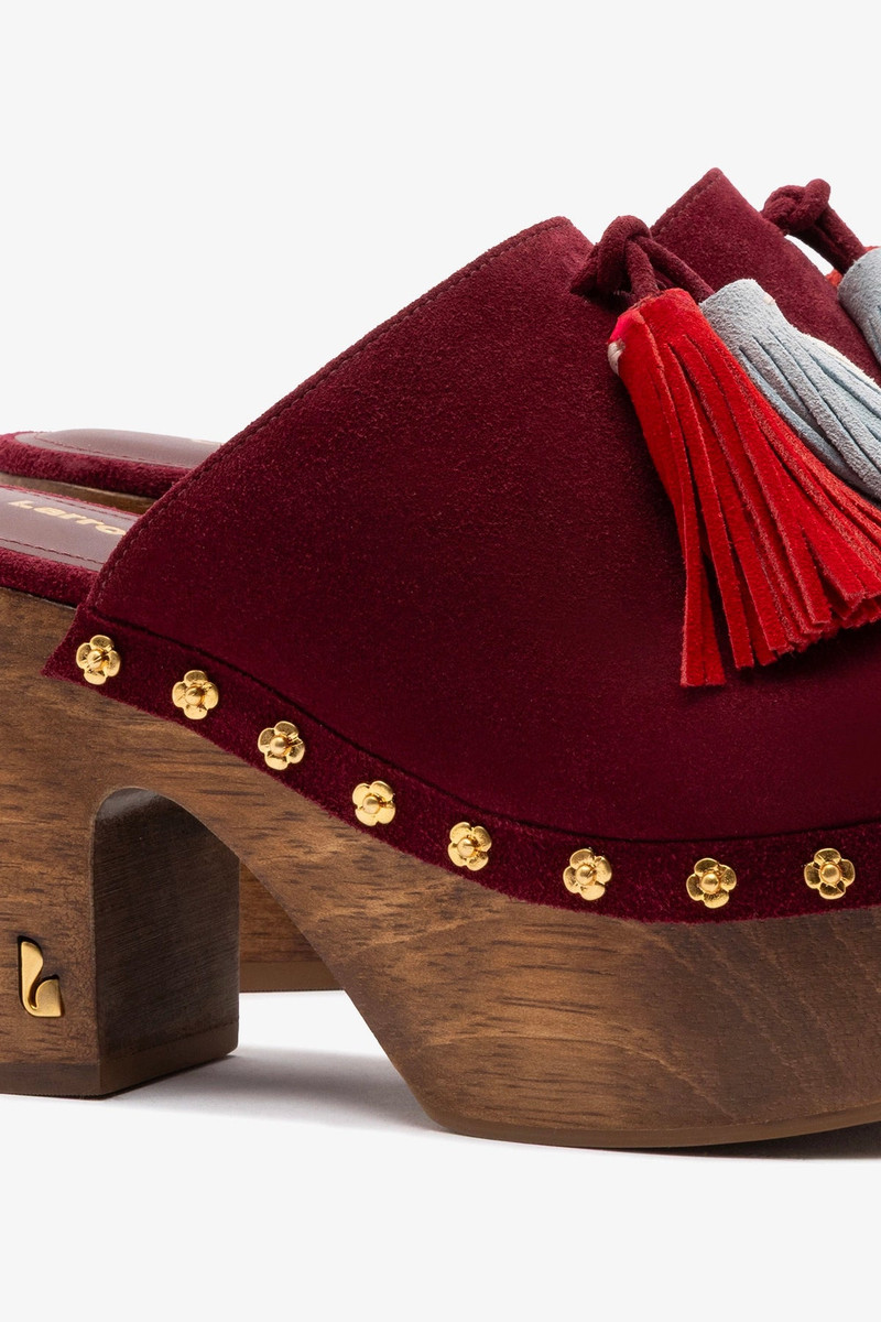 Miso Wooden Tassel Clog In Burgundy Suede 4