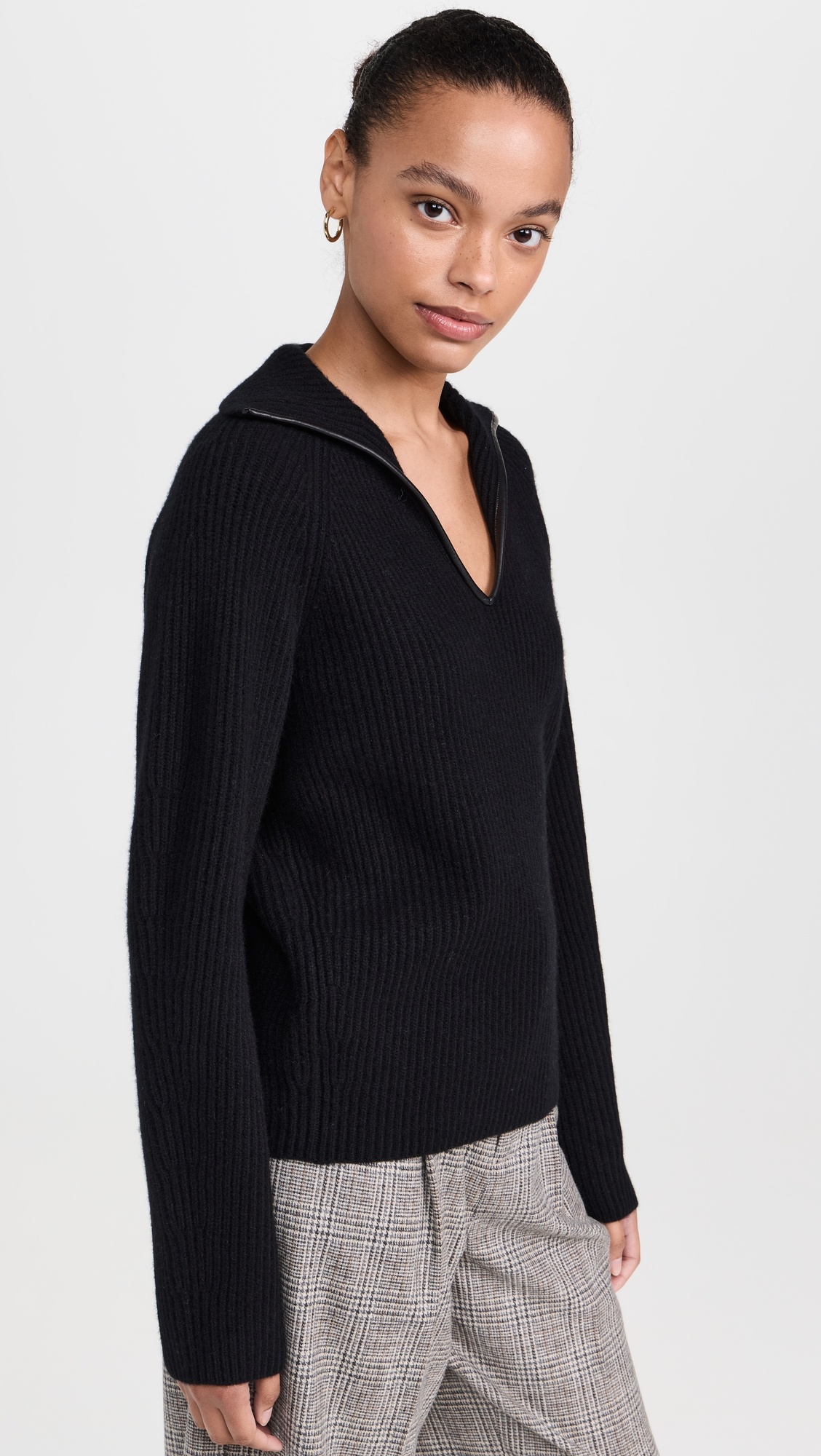 Leather Trim Ribbed Polo Sweater - 3