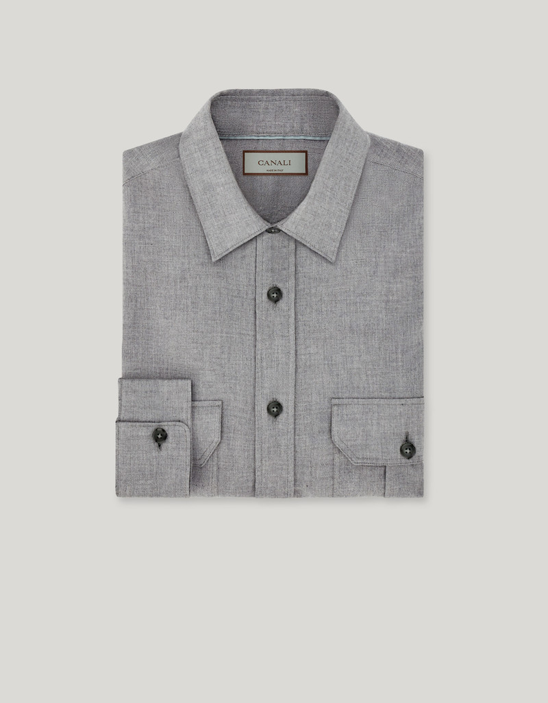 LIGHT GRAY MELANGE RELAXED FIT COTTON AND CASHMERE BLEND CASUAL SHIRT 1
